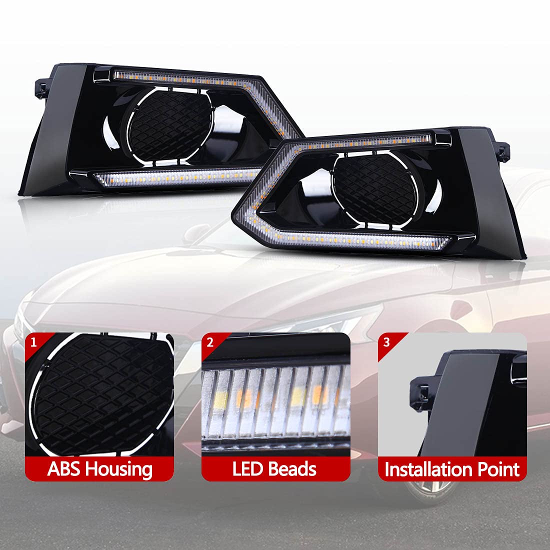 2019-2020-2021 Nissan Altima LED Daytime Running Lights with Dual Color Fog Lights, Turn Signal & Bezel - DRL Replacement for Enhanced Visibility & Safety (Perfect for Night Driving & Bad Weather Conditions)