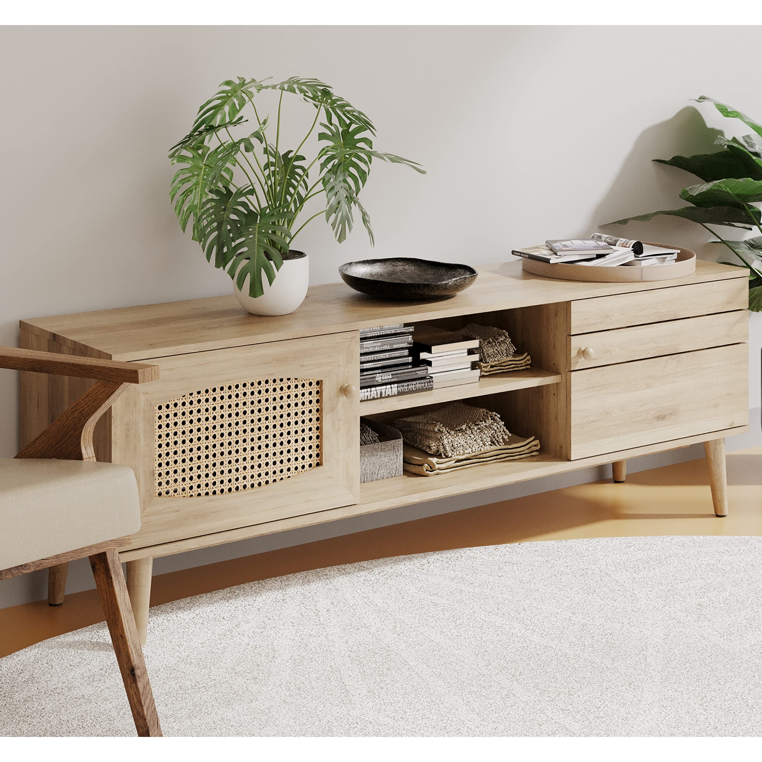Modern Entertainment Center Console for 65 Inch TV - Rattan Style TV Stand with 2 Doors & Storage Shelves, Oak Finish - Perfect for Living Room & Bedroom Home Decor