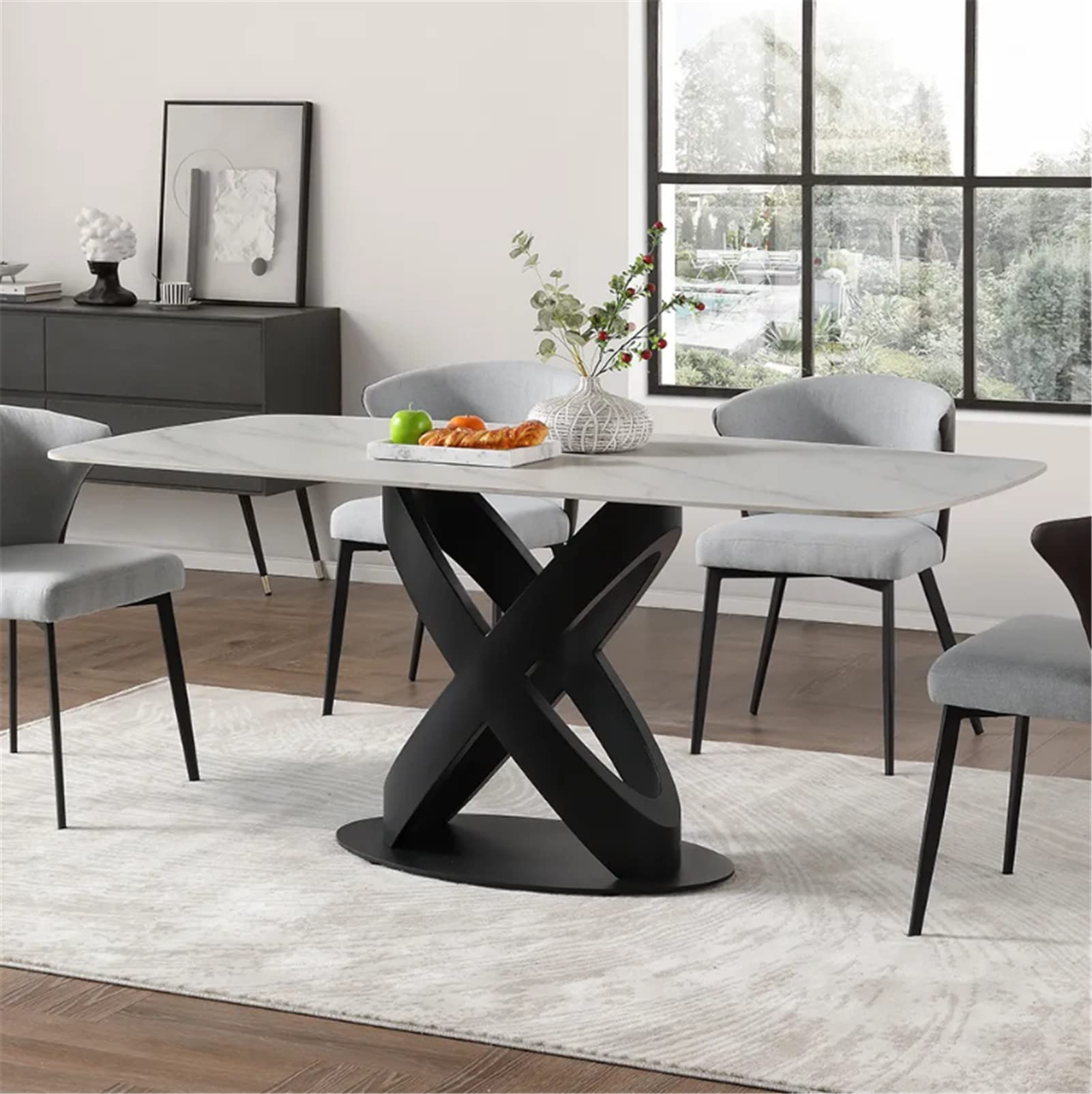 Modern Rectangle Dining Table with Sintered Stone Tabletop & X-Shaped Carbon Steel Base - 71 Inch Large Dining Table for 8 People - Perfect for Dining Room, Living Room, Home Office & Modern Interior Design