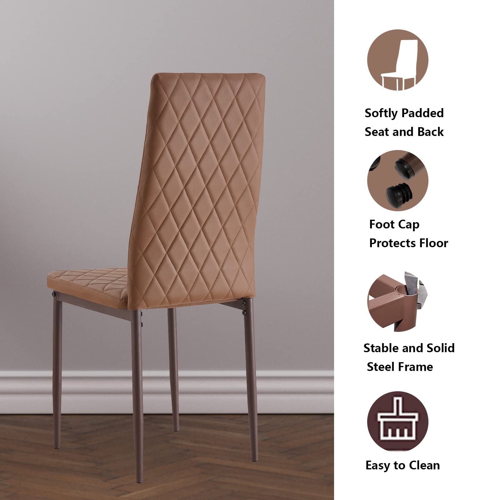 Goujxcy Set of 4 Leather Dining Chairs with Upholstered Cushion & High Back - Powder Coated Metal Legs & Rhombus Pattern Seats for Dining Room, Living Room, Bedroom, Kitchen (Coffee Brown) - Perfect for Home Decor, Family Gatherings & Entertaining Guests