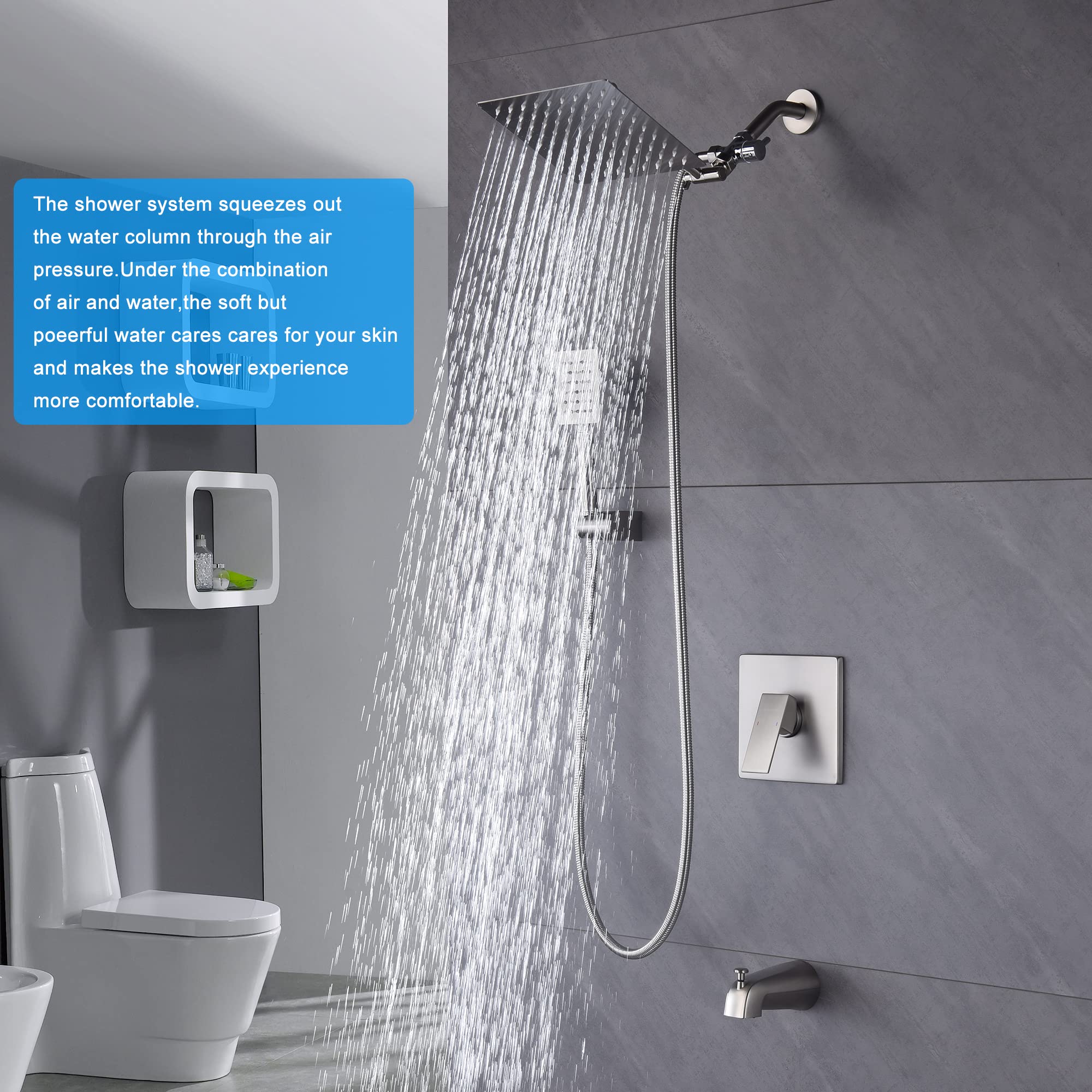 8 Inch Shower Faucet Set with Adjustable Extension Arm & Handheld Sprayer - Brushed Nickel Finish - Complete Bathroom Shower System with Pressure Balance Valve - Perfect for Modern Bathroom Renovations and Spa-Like Showers