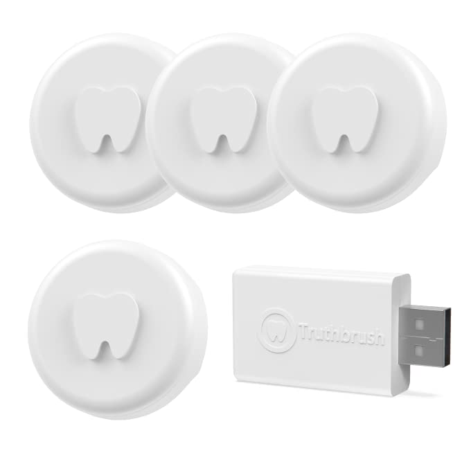 Truthbrush PRO Smart Toothbrush Tracker & Hub Bundle - Replaceable Battery, 2-Minute Timer, Brushing Duration & Coverage Tracking - Compatible with Android & iOS (4 Trackers + 1 Hub, White) - Perfect for Family Dental Care & Oral Hygiene Routine