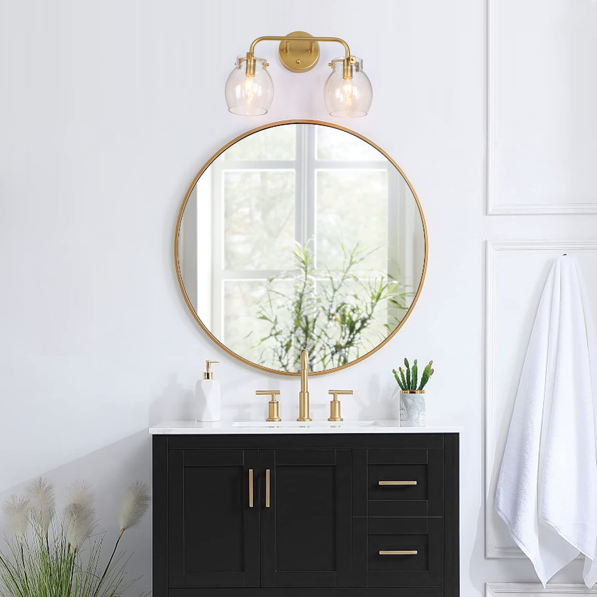 Durent Lighting Gold Vanity Lights - Modern Seeded Glass Bathroom Light Fixtures for Mirror (2 Light) - Perfect for Bathroom Vanity, Dressing Room & Makeup Area Lighting