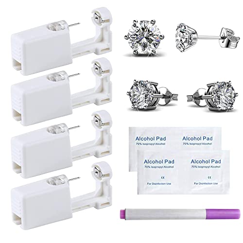 MZQ 4 Pack Self Ear Piercing Kit - Disposable Ear Piercing Gun with 13 Piece Set (6mm Stud Earrings) - Safe & Easy DIY Ear Piercing Tool for Home Use, Gifts & First-Time Piercing