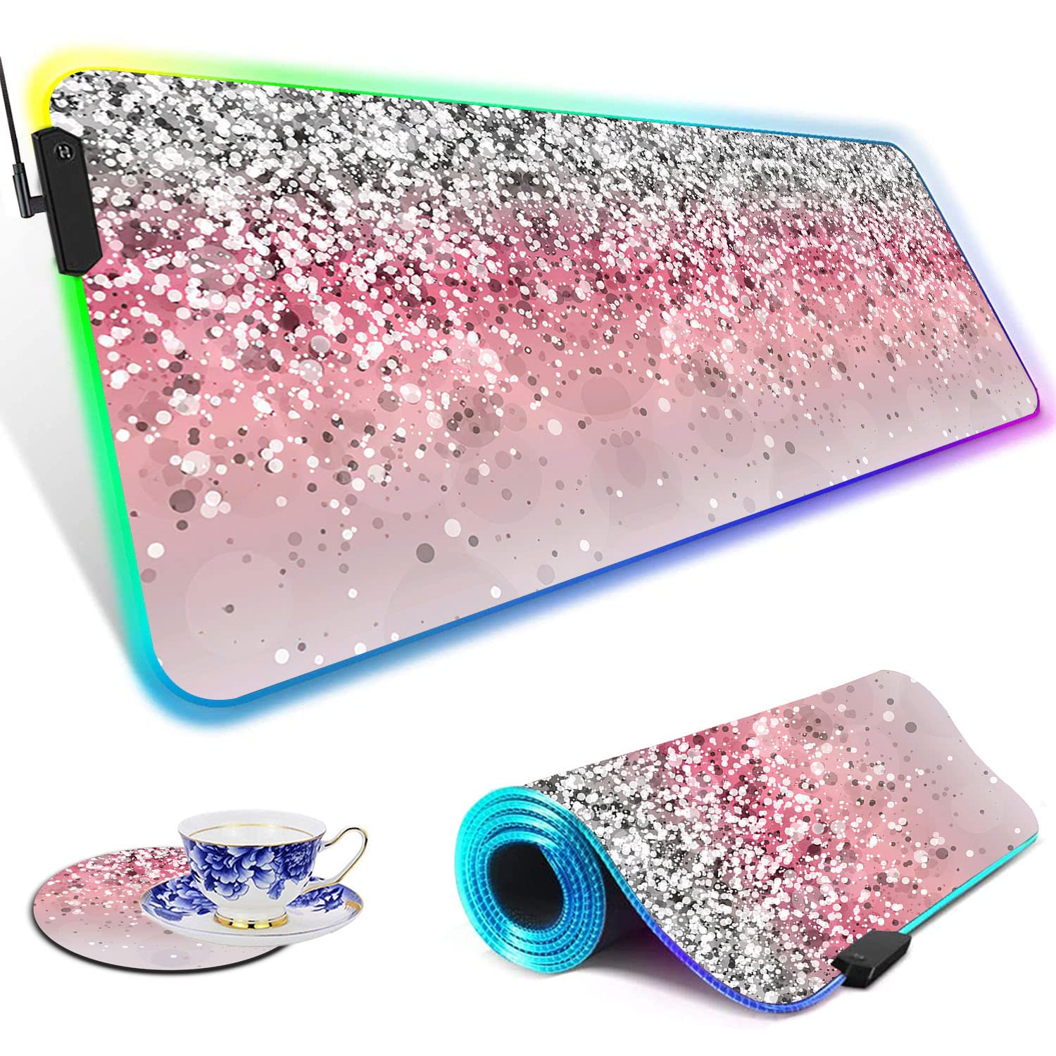 RGB Gaming Mouse Pad with LED Lights - Large Non-Slip Waterproof Desk Mat for Keyboard & Mouse - Pink Sparkles Glitter Pattern - Perfect for PC Gaming, Office Work & Streaming Setup