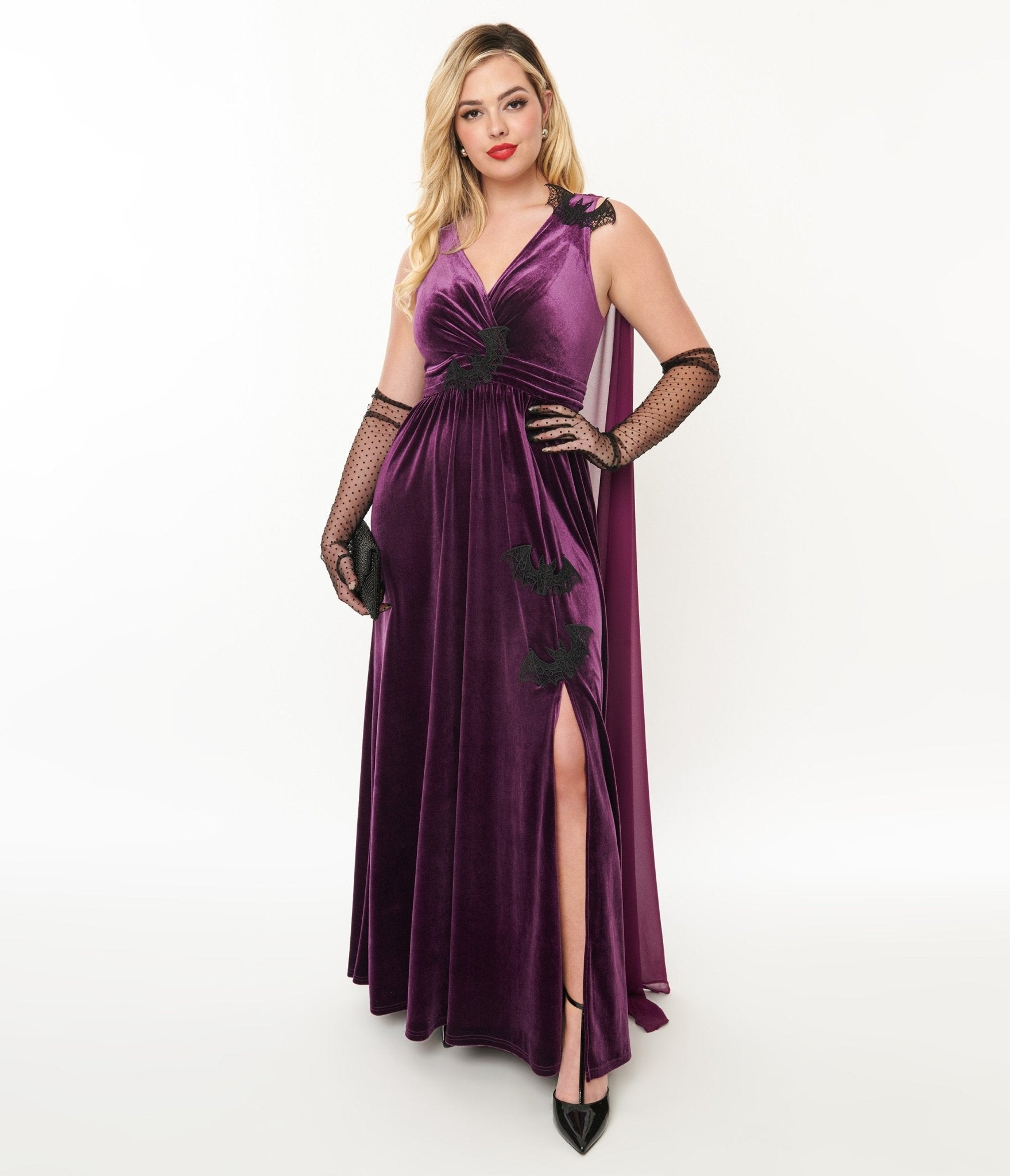 Unique Vintage Eggplant & Black Bat Velvet Cape Gown - Elegant Gothic Halloween Costume for Women | Perfect for Halloween Parties, Cosplay & Themed Events
