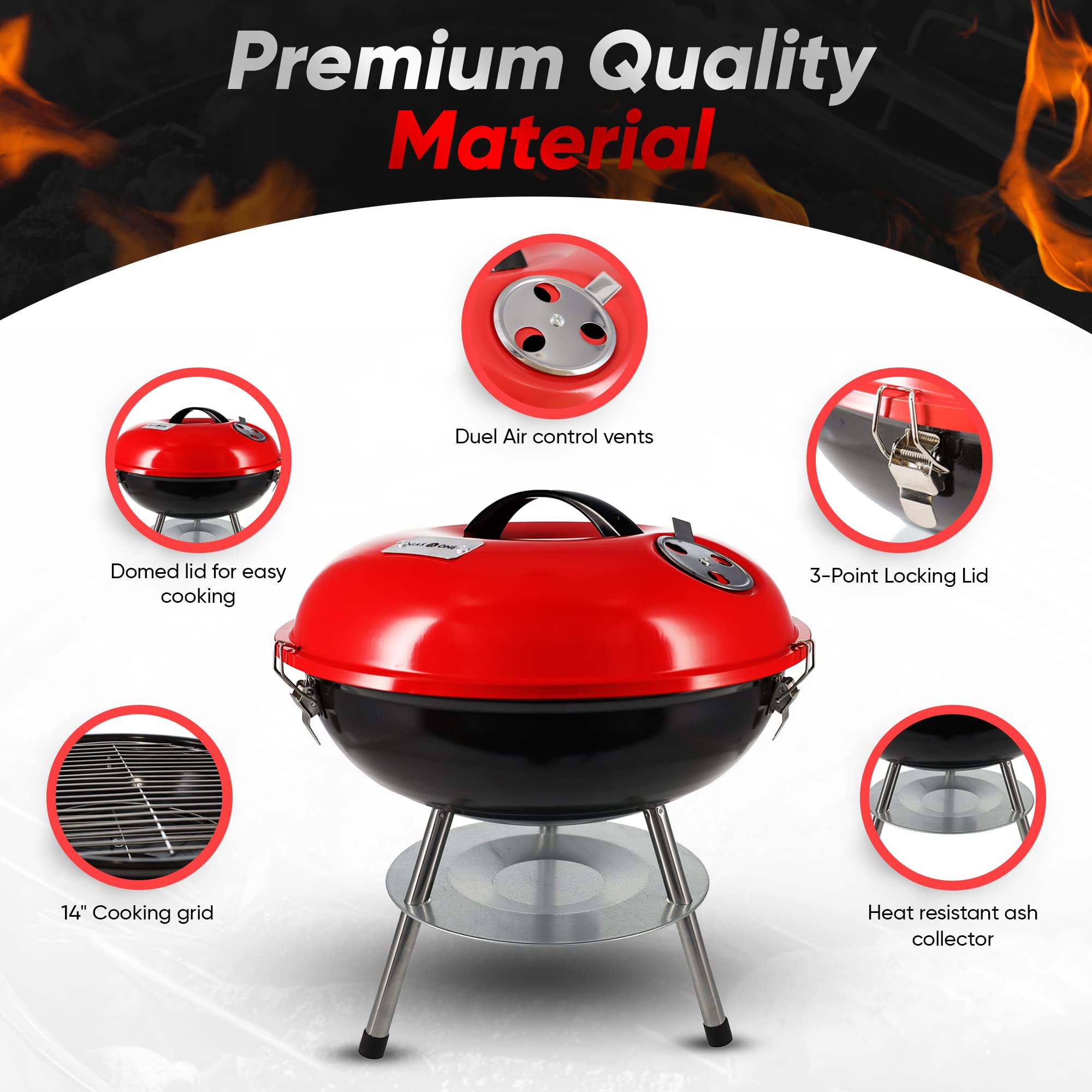Gas One 14-Inch Portable Charcoal Grill - Compact BBQ with 3-Point Locking Lid & Dual Venting System for Even Heat - Perfect for Backyard, Camping, Boating & Outdoor Cooking Adventures