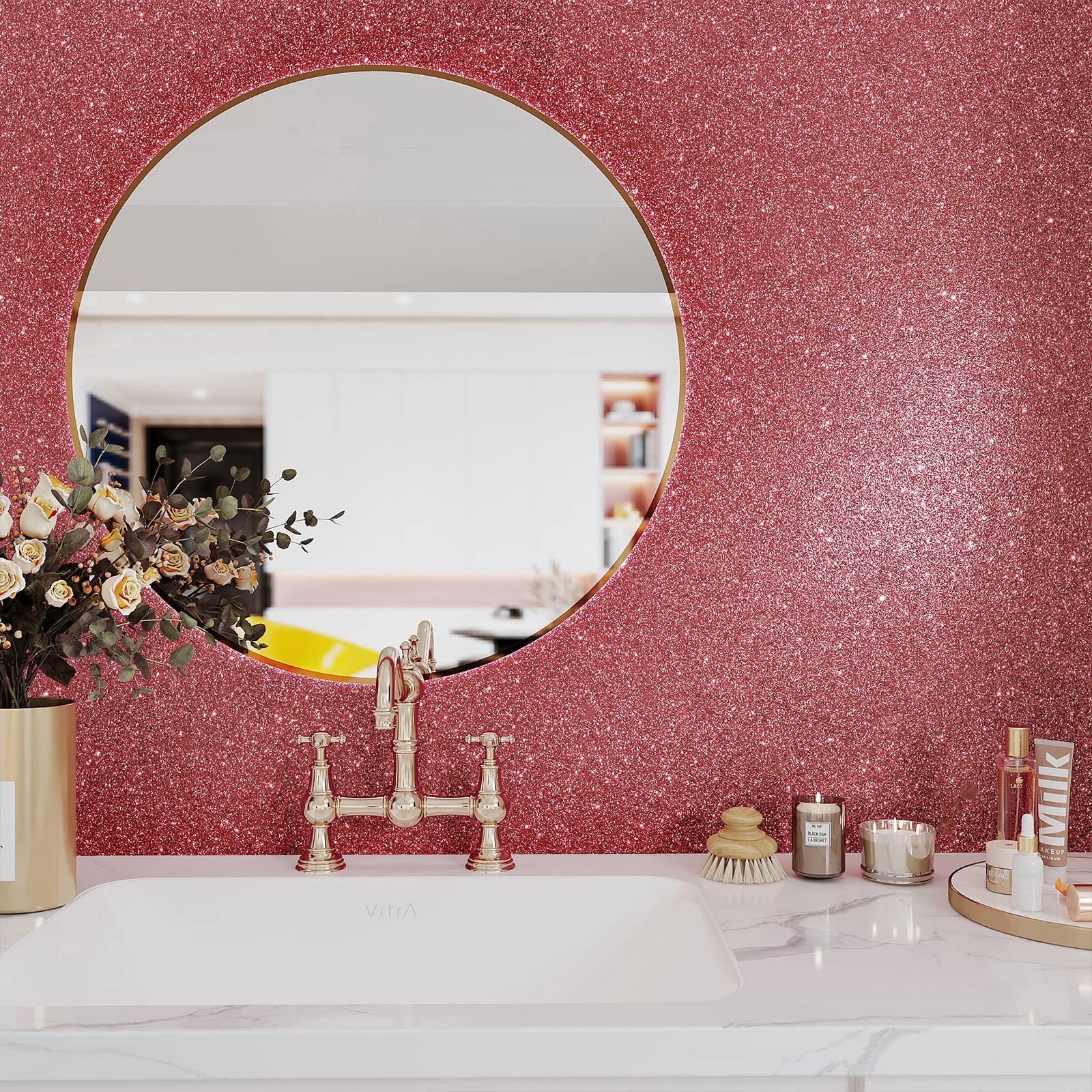 VEELIKE Shimmer Rose Gold Glitter Wallpaper Roll 15.7''x354'' - Peel and Stick Self-Adhesive Removable Wallpaper for Walls, Cabinets, Furniture - Sparkly Decorative Contact Paper for Bedroom, Art, Crafts & DIY Home Decor - Perfect for Accent Walls, Dressers, and Creative Projects