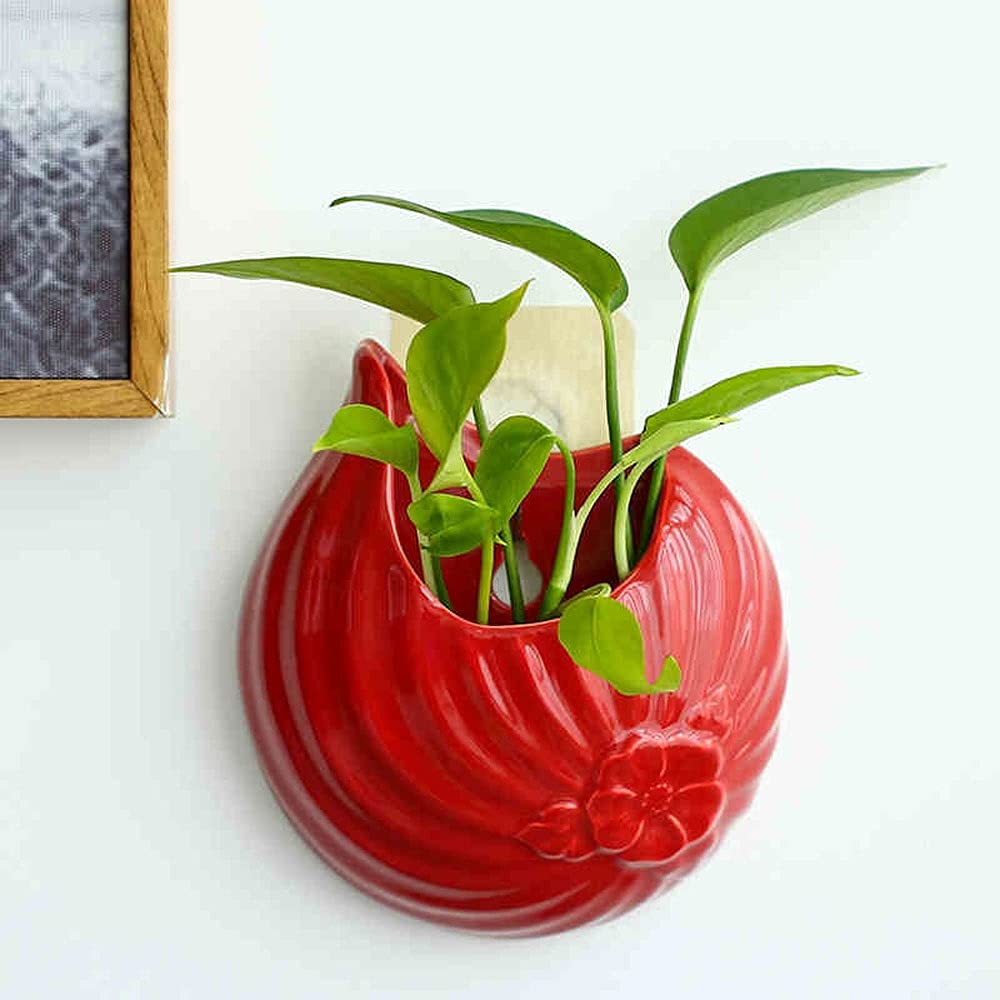 Ceramic Wall Hanging Planter for Indoor Plants - Small Succulent Flower Pot with Hanging Rope, Home Decor Hanging Basket (Red) - Perfect for Living Room, Bedroom, Office & Balcony Decor