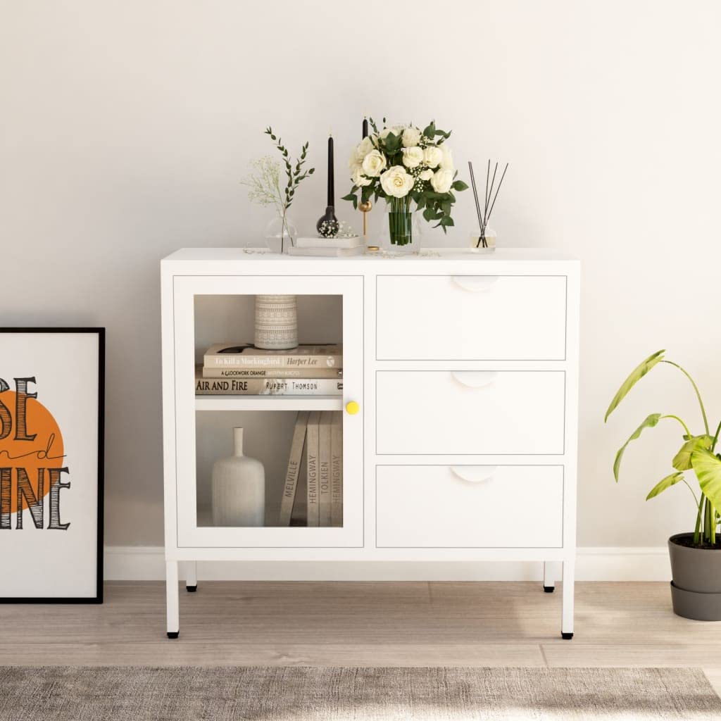 Classic White Steel and Tempered Glass Sideboard with Adjustable Shelf & Drawers - Modern Storage Cabinet for Living Room, Office, Bedroom | Perfect for Home Decor and Organization