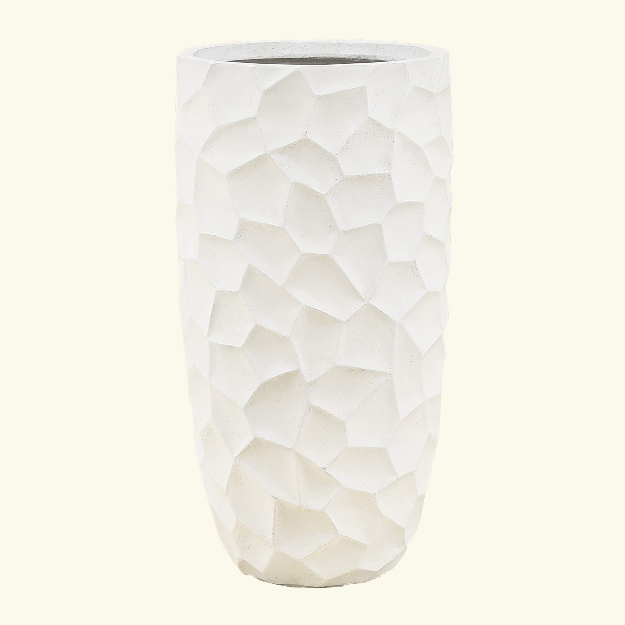 22.4 Inch Tall Modern White Wavy Fiberclay Planter - Handmade Contemporary Round Garden Pot for Indoor Plants, Outdoor Decor, and Patio Style