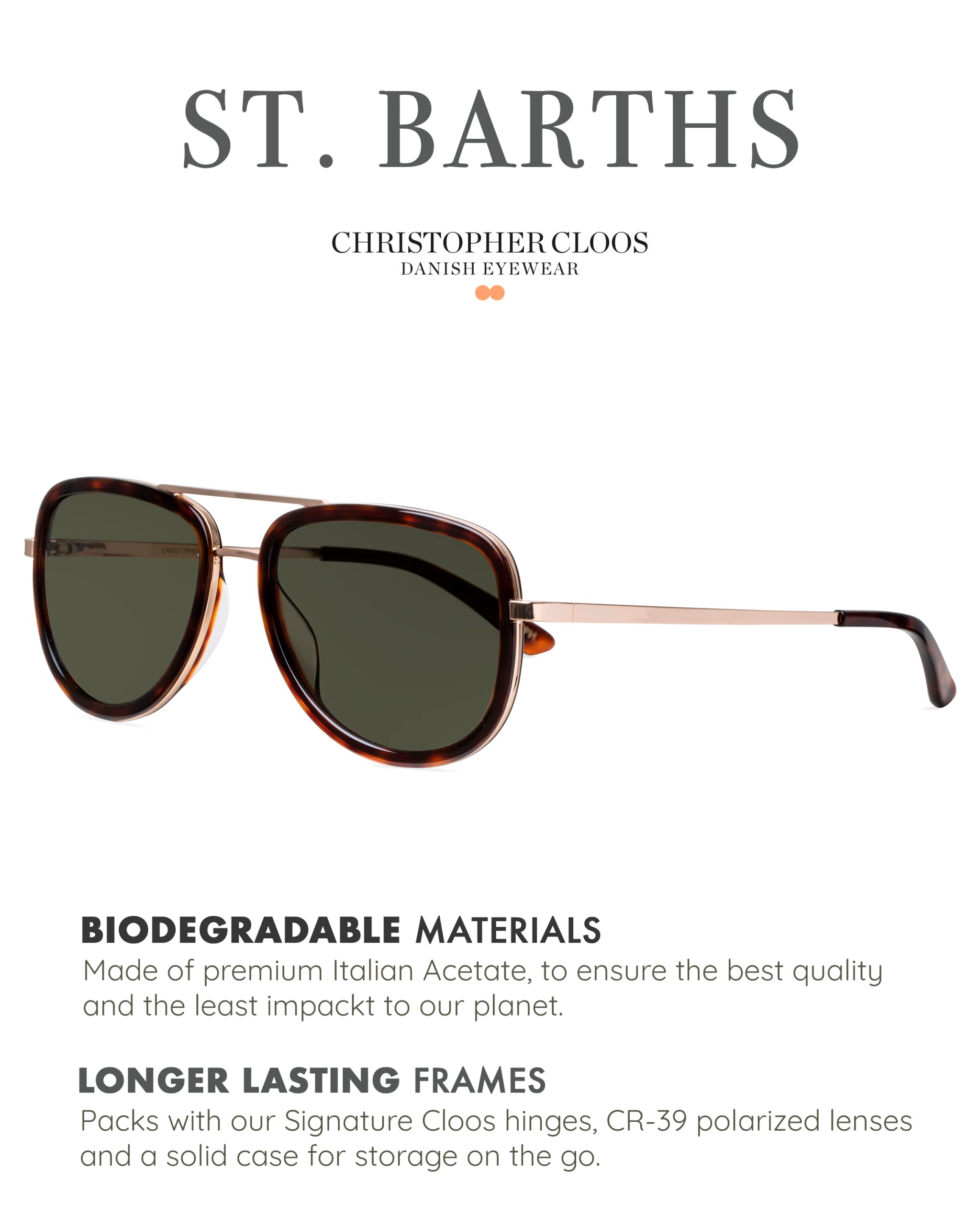 Christopher Cloos St. Barths Aviator Polarized Sunglasses for Men & Women - UV Protection Unisex Pilot Shades with Case - Perfect for Driving, Beach & Outdoor Activities