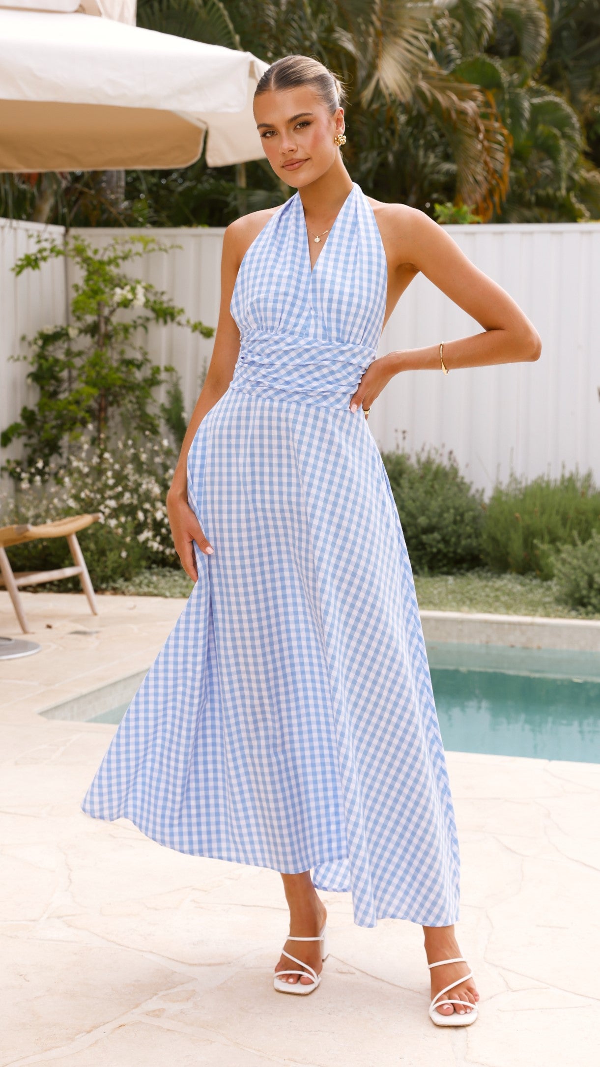 Brydie Halter Maxi Dress - Light Blue Gingham Floral Summer Dress for Women | Beach Cover Up, Vacation Outfit, Boho Chic Style
