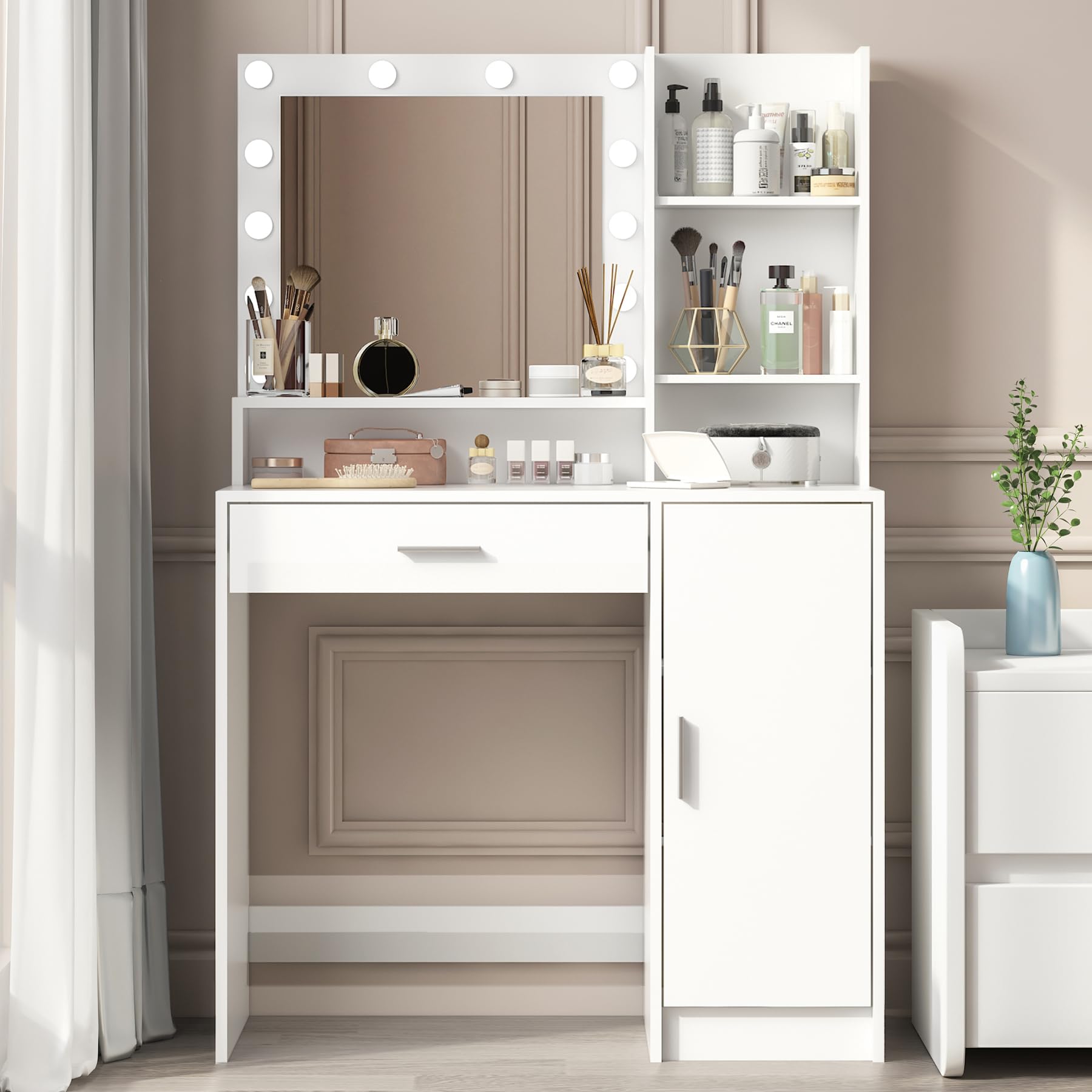 Vanity Desk with Mirror and Light - Large Drawer & 3-Tier Storage Dresser, Adjustable Brightness with 3 Lighting Modes, White Bedroom Dressing Table for Makeup, Skincare & Jewelry Organization - Perfect for Master Bedroom, Guest Room or Dorm Decor