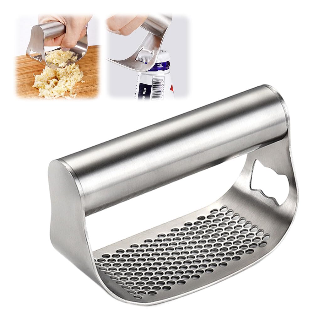 2025 Upgraded Stainless Steel Garlic Press & Mincer with Peeler & Cleaning Brush - Heavy Duty Kitchen Tool for Crushing Garlic, Ginger & Nuts - Perfect Cooking Gift for Women & Home Chefs - Use for Meal Prep, Italian Dishes & Flavor Enhancement