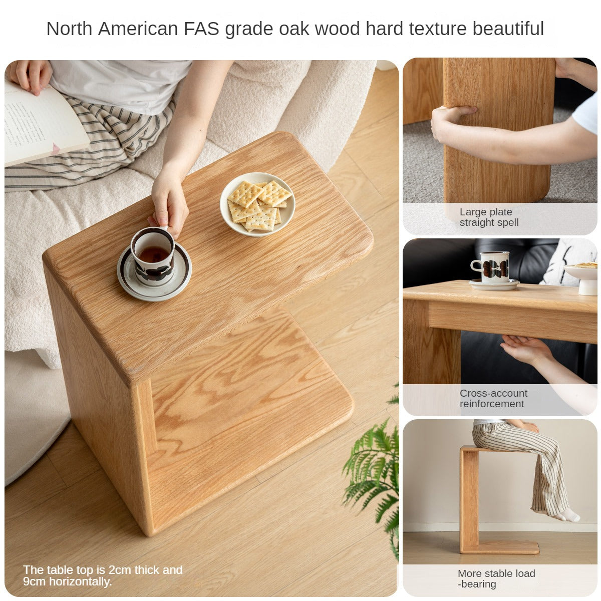 Solid Oak Wood C-Shaped Side Table - Multifunctional End Table for Living Room, Bedroom, or Office - Perfect for Holding Drinks, Books, and Decor