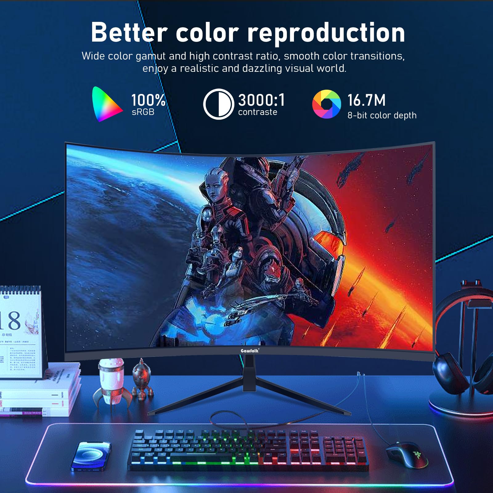 Gawfolk 32 Inch Curved QHD Gaming Monitor - 2560x1440 2K Resolution, 165Hz Refresh Rate, Frameless 1800R Curved Design, 100% sRGB, AMD FreeSync, VESA Compatible - Perfect for Competitive Gaming, Graphic Design & Home Office Setup