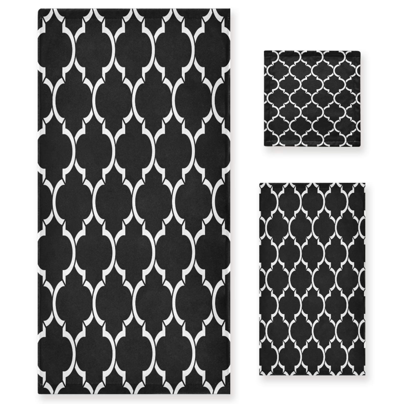 ALAZA 3-Piece Bath Towel Set - Black & White Quatrefoil Design | Includes 1 Bath Towel, 1 Hand Towel & 1 Washcloth | Ultra Soft & Absorbent for Home, Kitchen, Hotel, Gym, Swim & Spa | Perfect for Bathing, Showering & Decorative Use