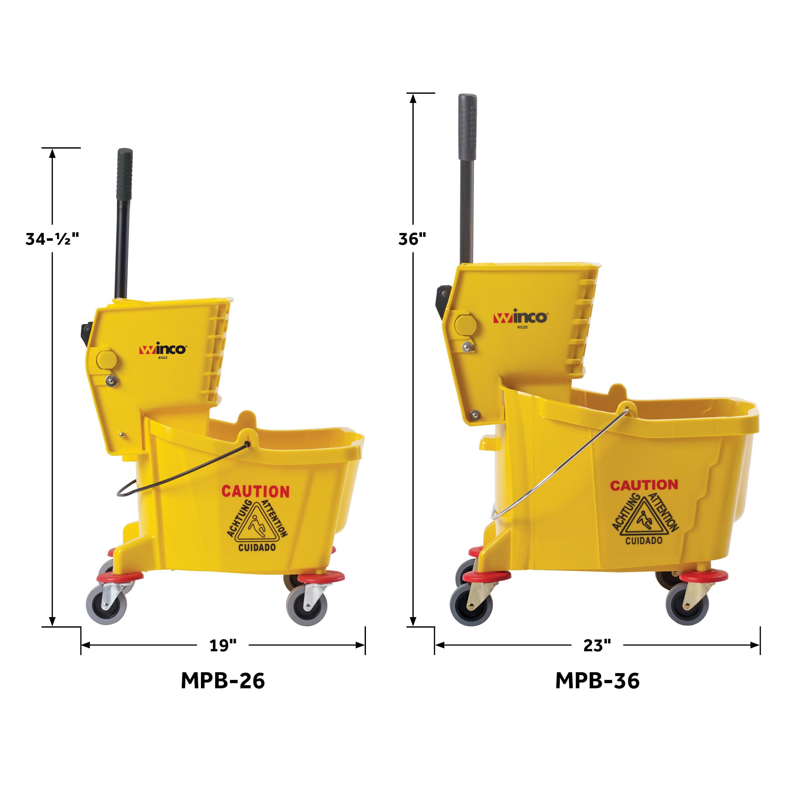 Winco 26 Quart Yellow Commercial Mop Bucket with Wheels - Heavy Duty Rolling Cleaning Bucket for Janitors, Hospitals & Schools