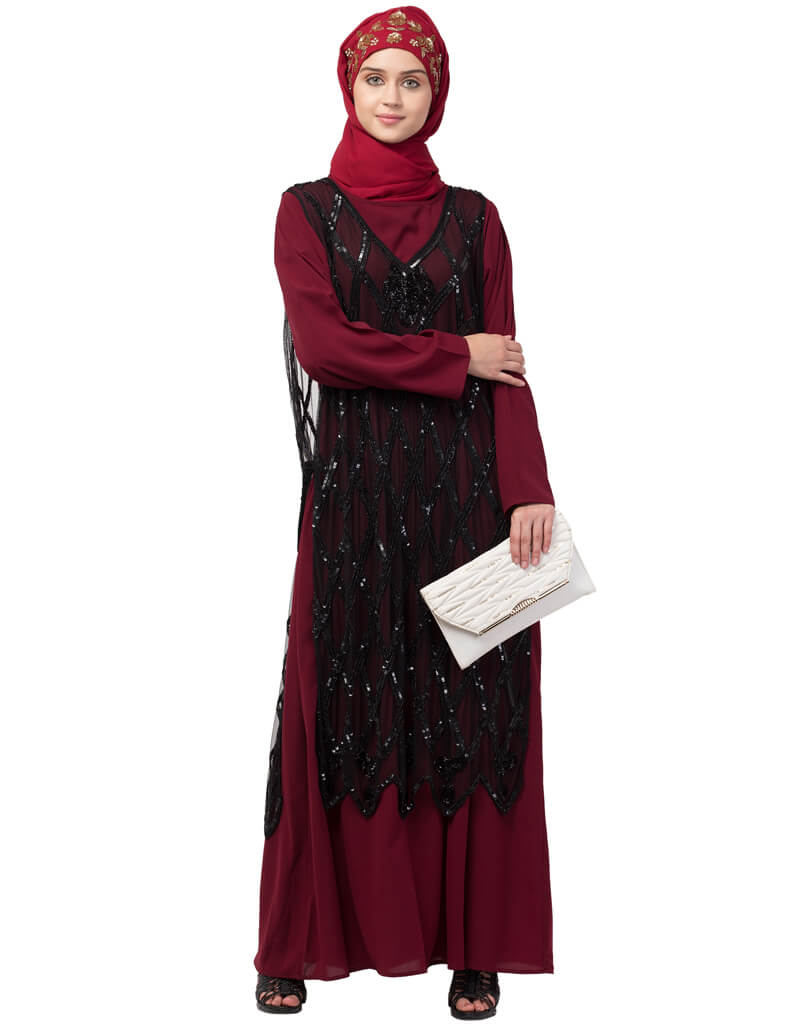 Elegant Black Arabic Two-Piece Diamond Cut Beaded Abaya for Women - Perfect for Parties, Weddings & Special Occasions
