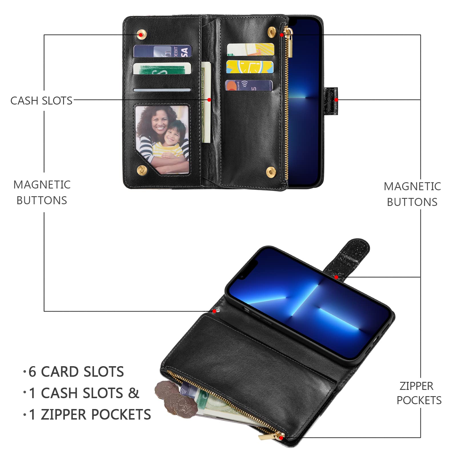 UEEBAI iPhone 13 Pro Max Wallet Case - PU Leather Magnetic Closure with Card Slots, Zipper Pocket, Kickstand & Hand Strap | Stylish Bling Black Flip Cover for Women | Perfect for Shopping, Travel & Everyday Use