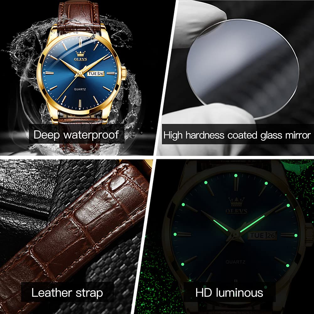 OLEVS Men's Brown Leather Watch with Luminous Hands, Rose Gold Case, Day Date Display - Waterproof Quartz Dress Watch for Business, Casual & Formal Occasions