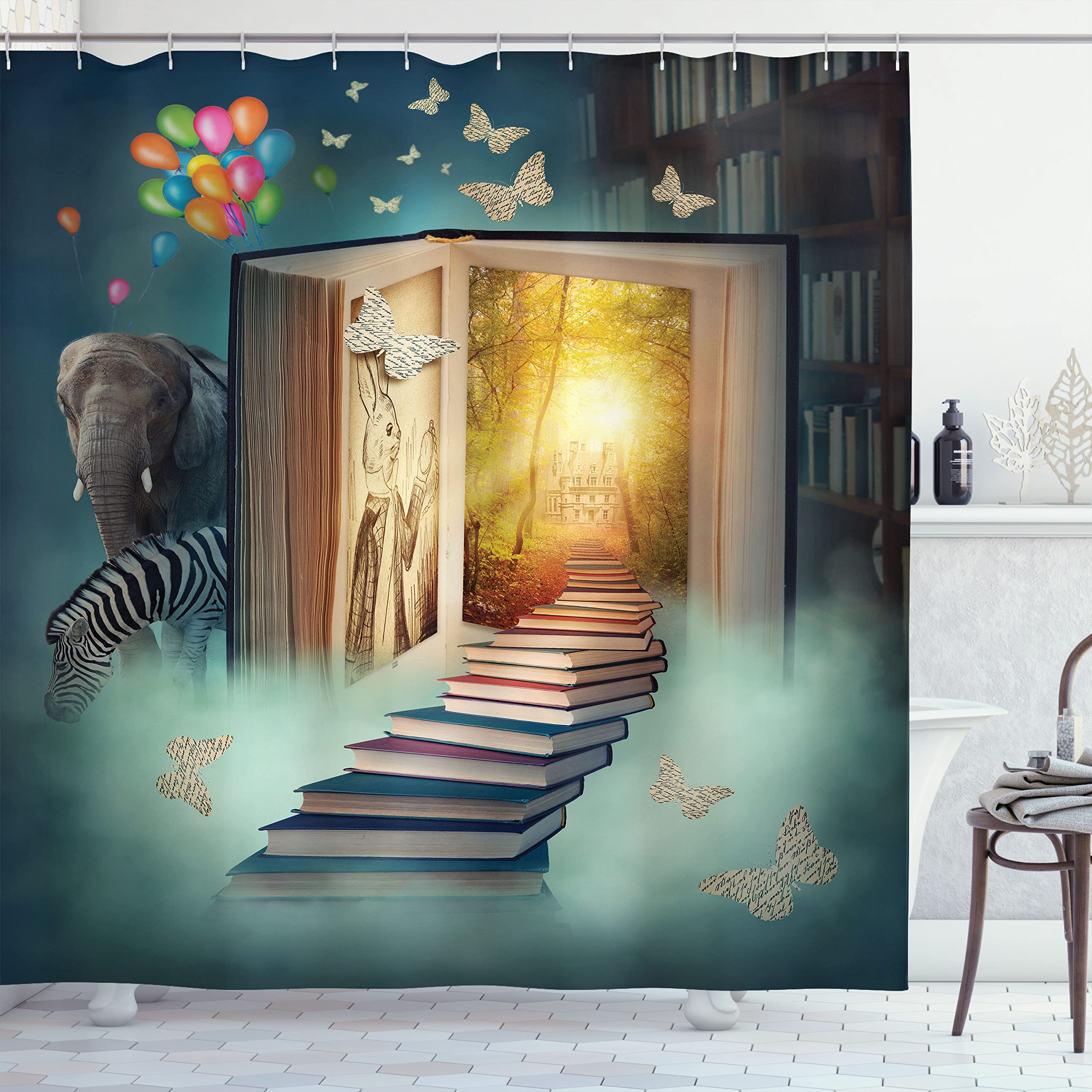 Ambesonne Fantasy Shower Curtain - Magic Book Forest with Balloons, Zebra & Butterflies Design, 69x75 Inch Teal & Yellow Bathroom Decor Set with Hooks | Waterproof Fabric for Kids & Adults Bathroom Decor