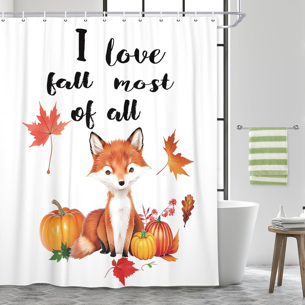 JAWO Autumn Fox Shower Curtain - Cute Woodland Animal Design with Fall Leaves, 72x72 Inches, Black & Red Bathroom Decor for Cozy Seasonal Vibes | Perfect for Farmhouse, Rustic, or Kids' Bathroom Theme