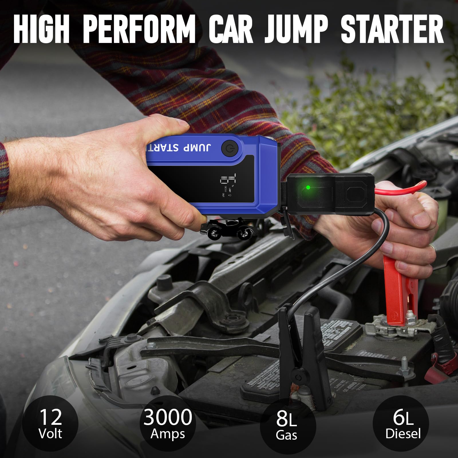 3000A Peak 12V Car Battery Jump Starter - Portable Power Pack for Up to 6.0L Gas & 3.0L Diesel Engines with Flashlight, Quick Charge Ports & Jumper Cables - Emergency Vehicle Booster for Cars, Trucks, SUVs & Boats - Perfect for Roadside Emergencies, Winter Travel & Outdoor Adventures