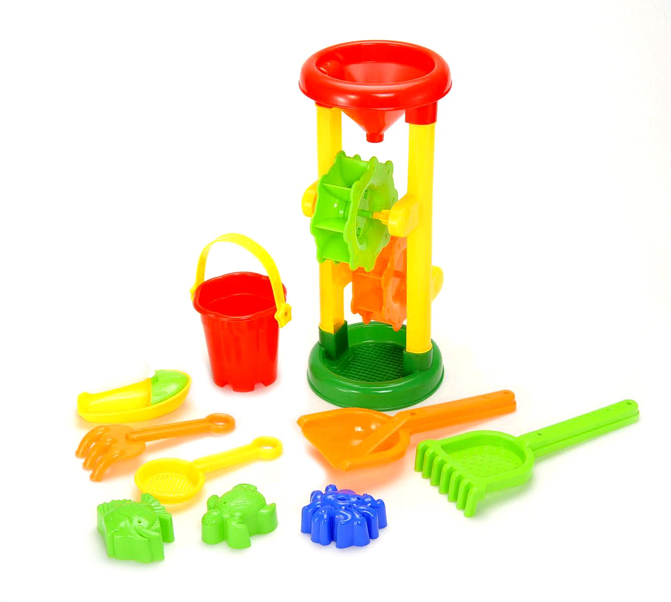 PowerTRC Double Sand Water Wheel Toy Tower - Beach Toys for Kids Ages 4-8 with Bucket, Shovels & 3 Sand Molds (Sailboat Design) - Outdoor Sand Play Set for Toddlers - Perfect for Beach, Backyard & Sandbox Activities