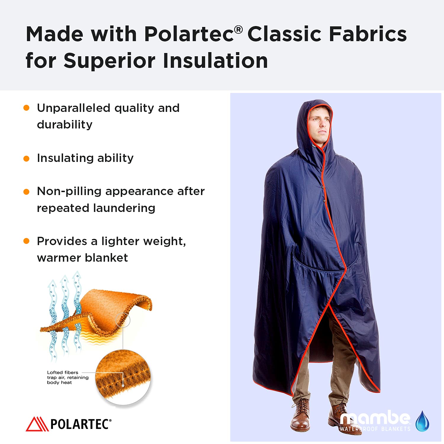 Mambe Large Extreme Weather Hooded Blanket - 100% Waterproof Windproof Fleece Blanket with Premium Storage Sack - Perfect for Outdoor Sports, Camping, Hiking & Stadium Events - Machine Washable Cozy Winter Blanket