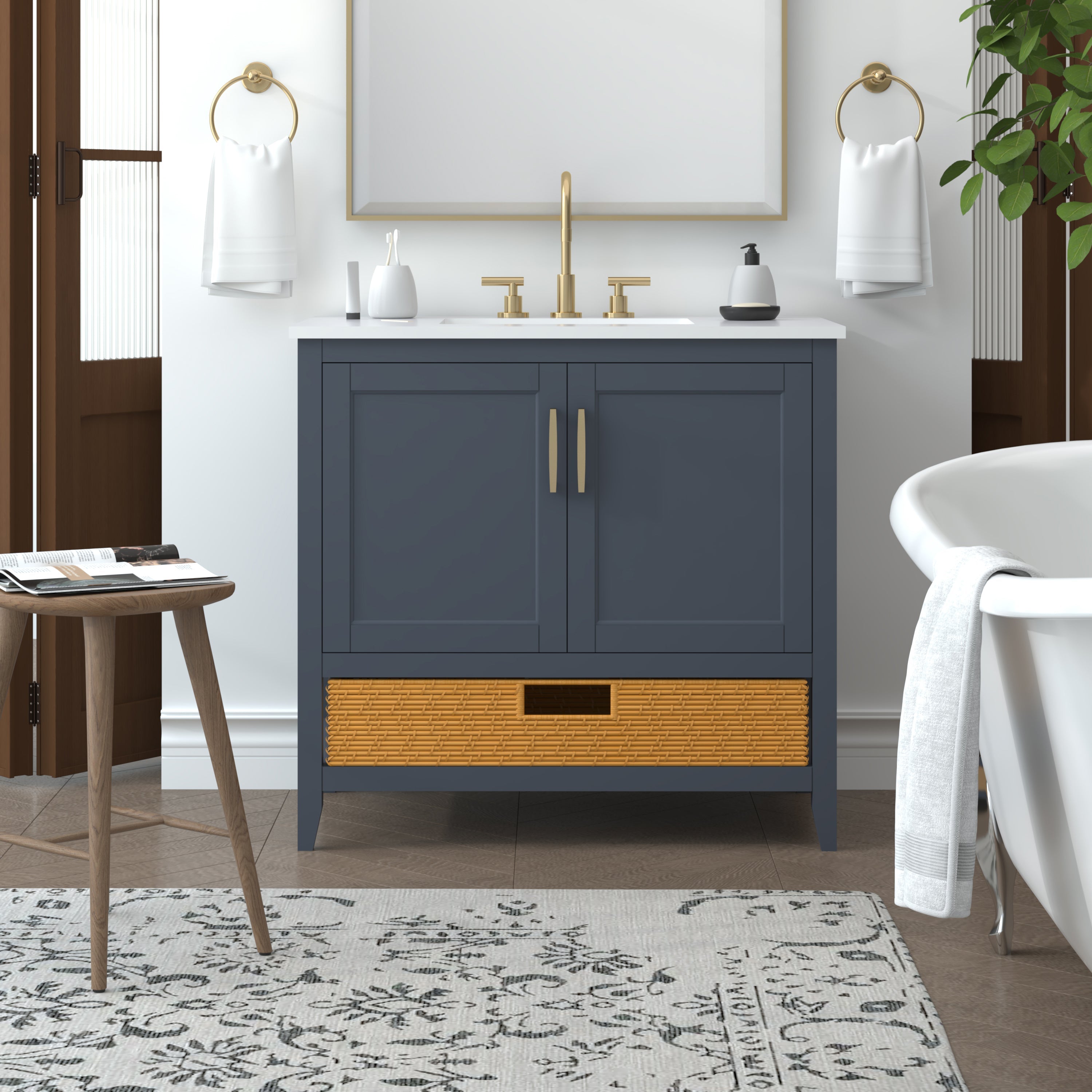 35.5 Inch Blue Bathroom Vanity Cabinet - Modern Freestanding Storage for Small Bathrooms | Nearmé New York | Perfect for Apartments, Guest Baths & Powder Rooms