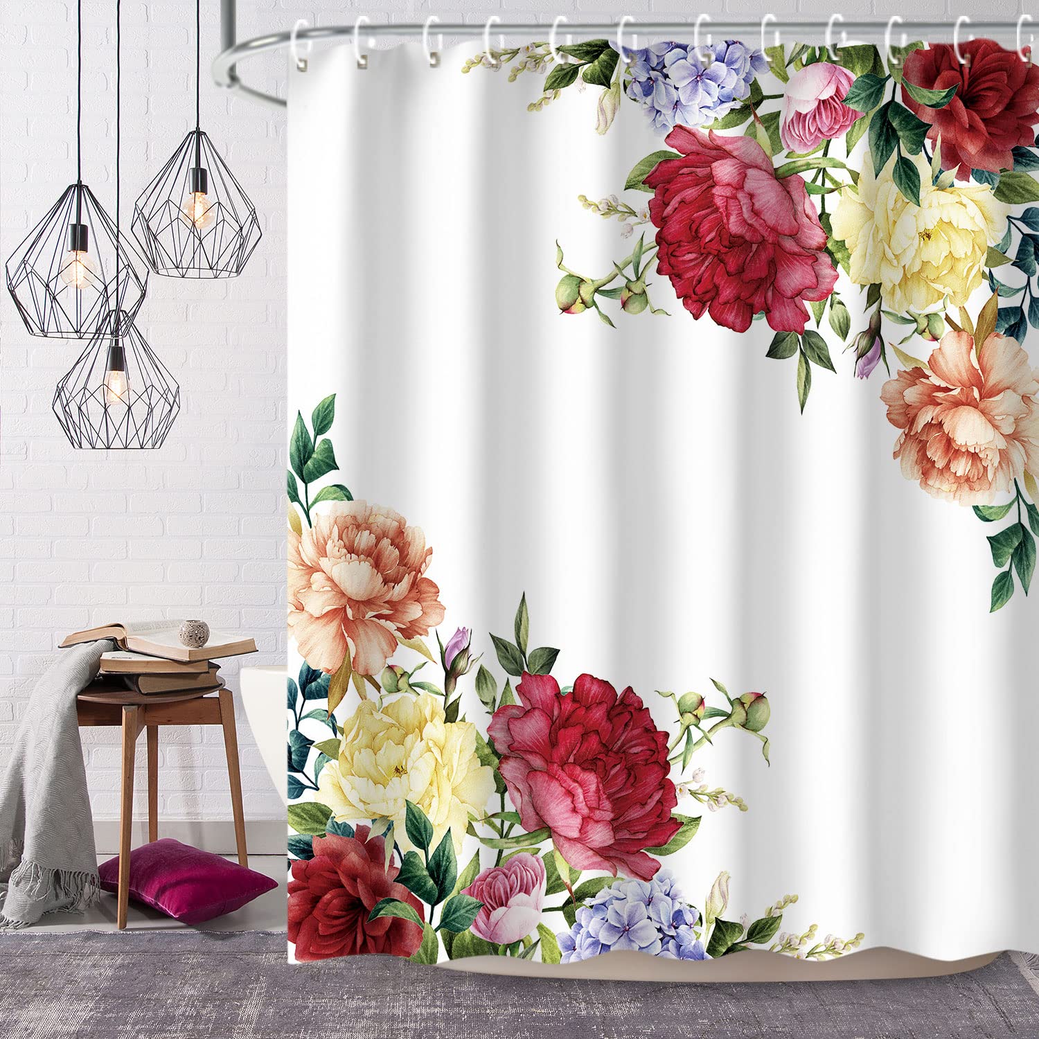 LIVILAN Peony Floral Shower Curtain Set with 12 Hooks - Pink Bathroom Decor, Waterproof Fabric, 72x72 Inches - Perfect for Modern, Vintage or Farmhouse Bathroom Design