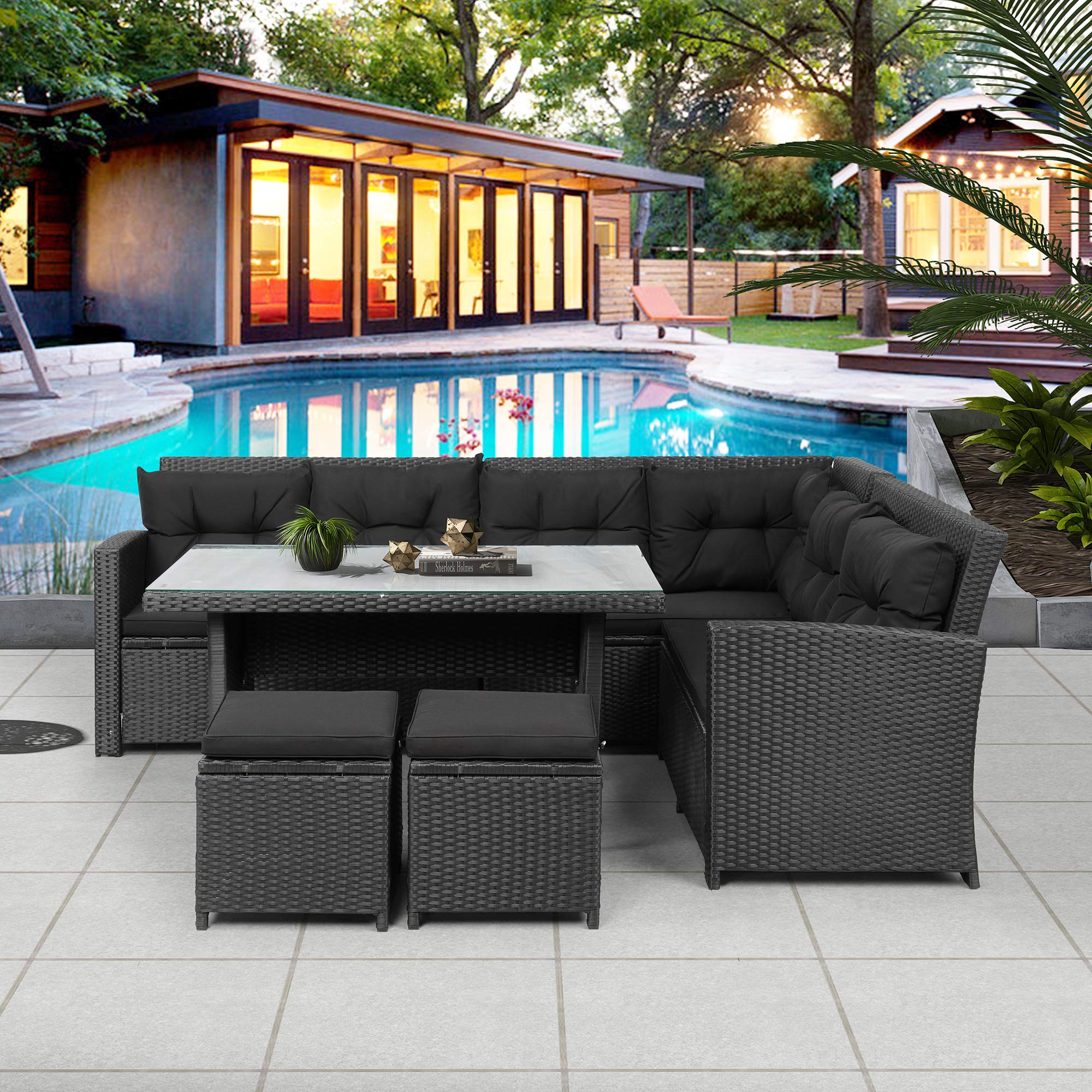 RUNNA 6-Piece Outdoor Patio Furniture Set - Waterproof Wicker Sectional Sofa with Tempered Glass Coffee Table & 2 Ottomans - Perfect for Poolside, Backyard, Garden, Deck or Lawn (Black)
