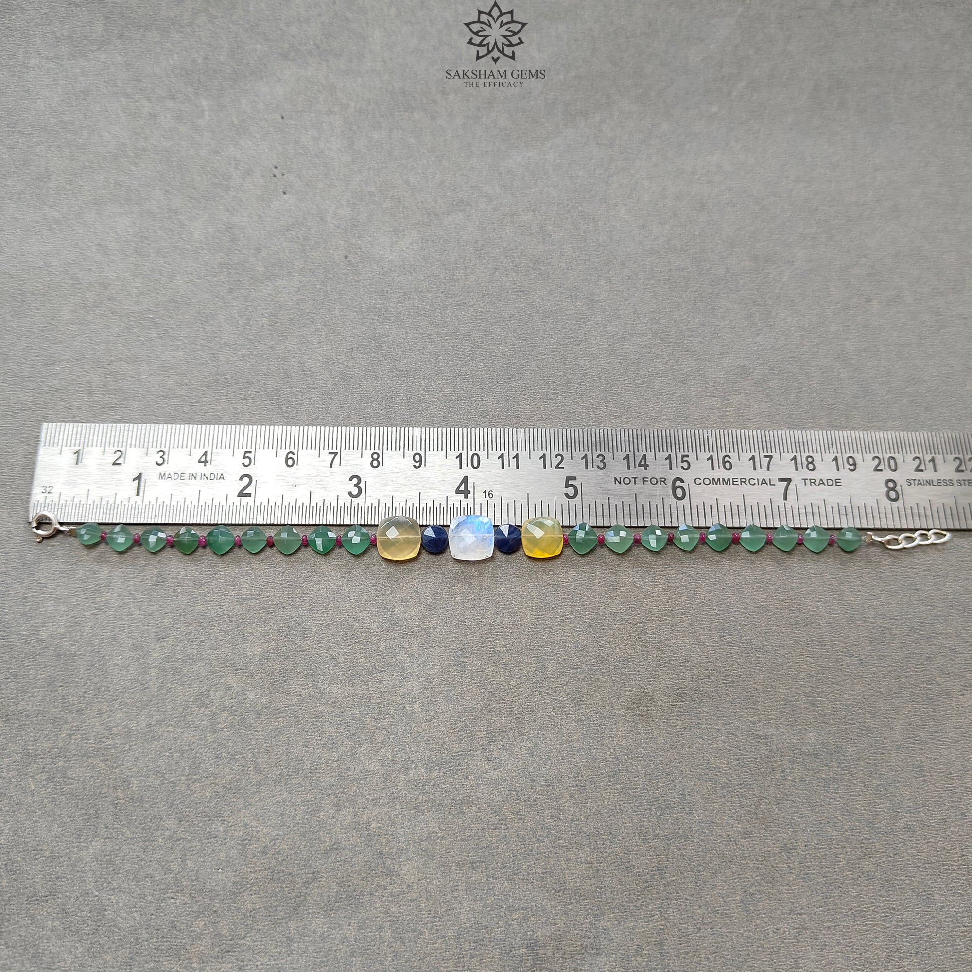 Green Quartz Yellow Opal Moonstone Sapphire Ruby Gemstone Beaded Bracelet - 925 Sterling Silver Checker Cut 8.5