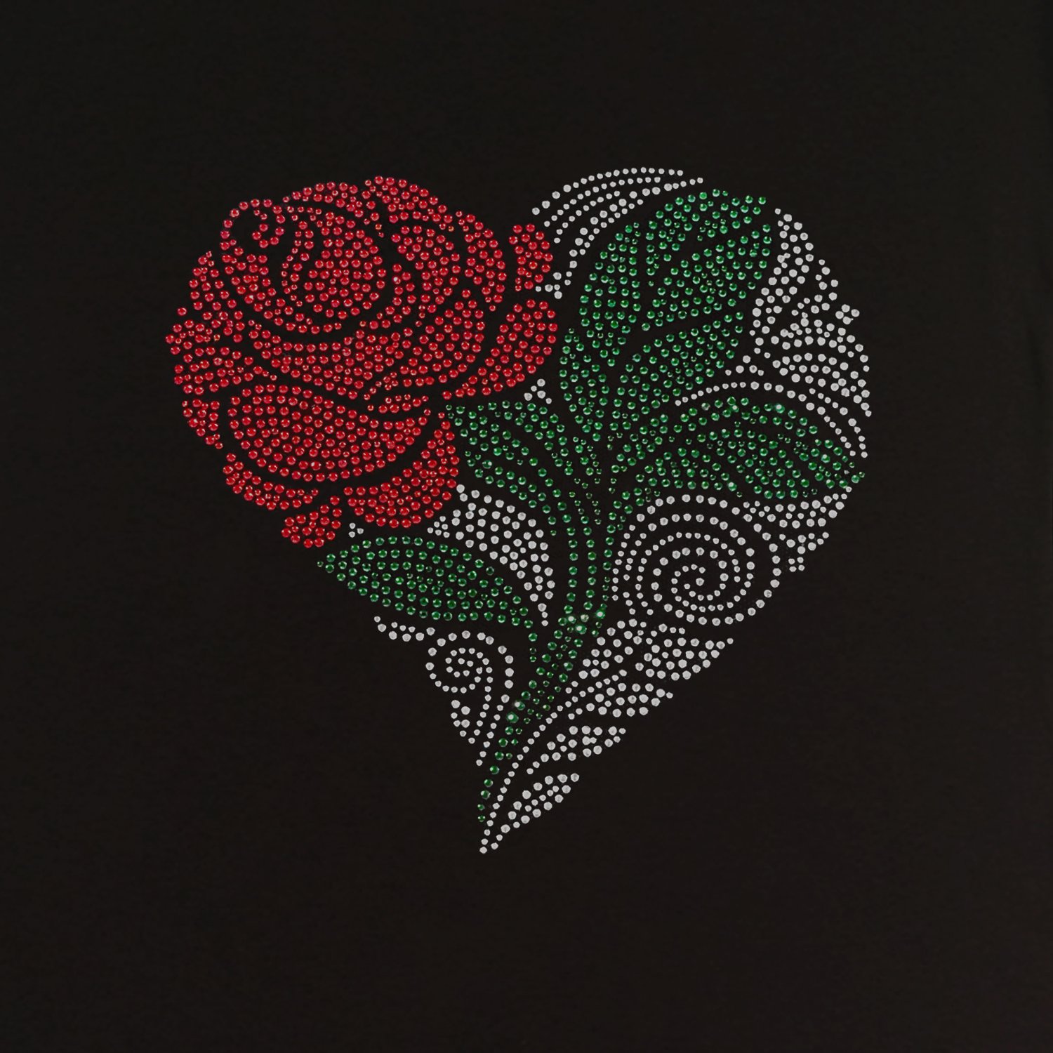 Hotfix Rhinestone Transfer - Heart with Rose & Green Leaf for DIY Iron-On Appliques | Perfect for T-Shirts, Bags & Home Decor