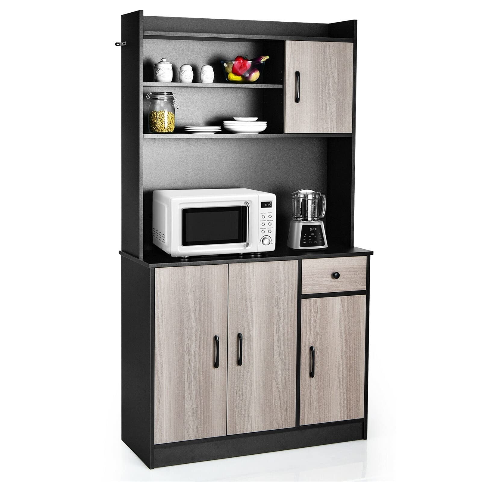 BZGWECD 4-Door Kitchen Buffet Pantry Storage Cabinet with Hutch - Tall Microwave Stand with Adjustable Shelves for Home Kitchen Organization (Color: Brown) - Perfect for Small Kitchens, Dining Rooms, and Pantry Storage Solutions