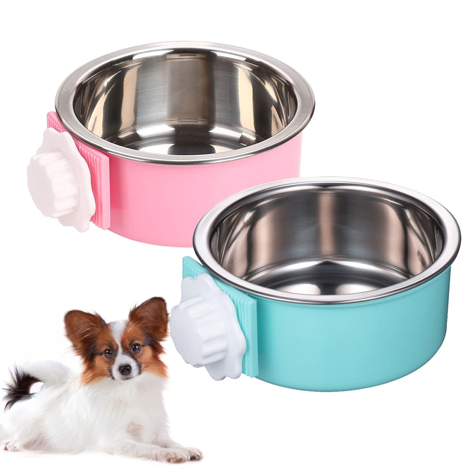 Kathson Removable Stainless Steel Hanging Pet Bowl - 2 Pack Dog/Cat Food & Water Feeder for Cages, Coops (Blue & Pink) - Perfect for Puppies, Birds, Rats & Guinea Pigs - Ideal for Travel, Kennels & Outdoor Use
