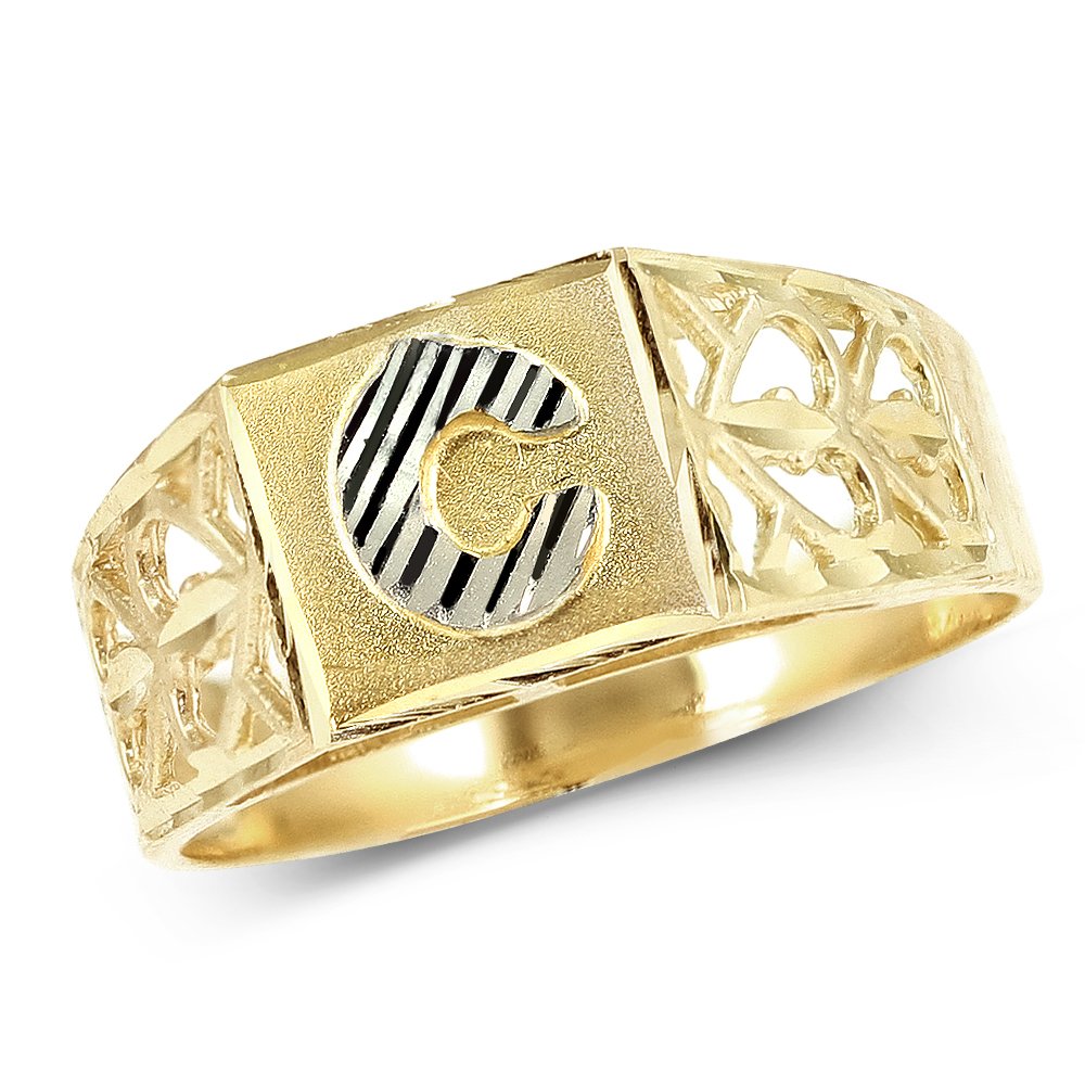 10K Yellow Gold Diamond Cut Alphabet Initial Ring for Women - Block Lettering (C) | Personalized Jewelry Gift for Her, Birthday, Anniversary, Valentine's Day