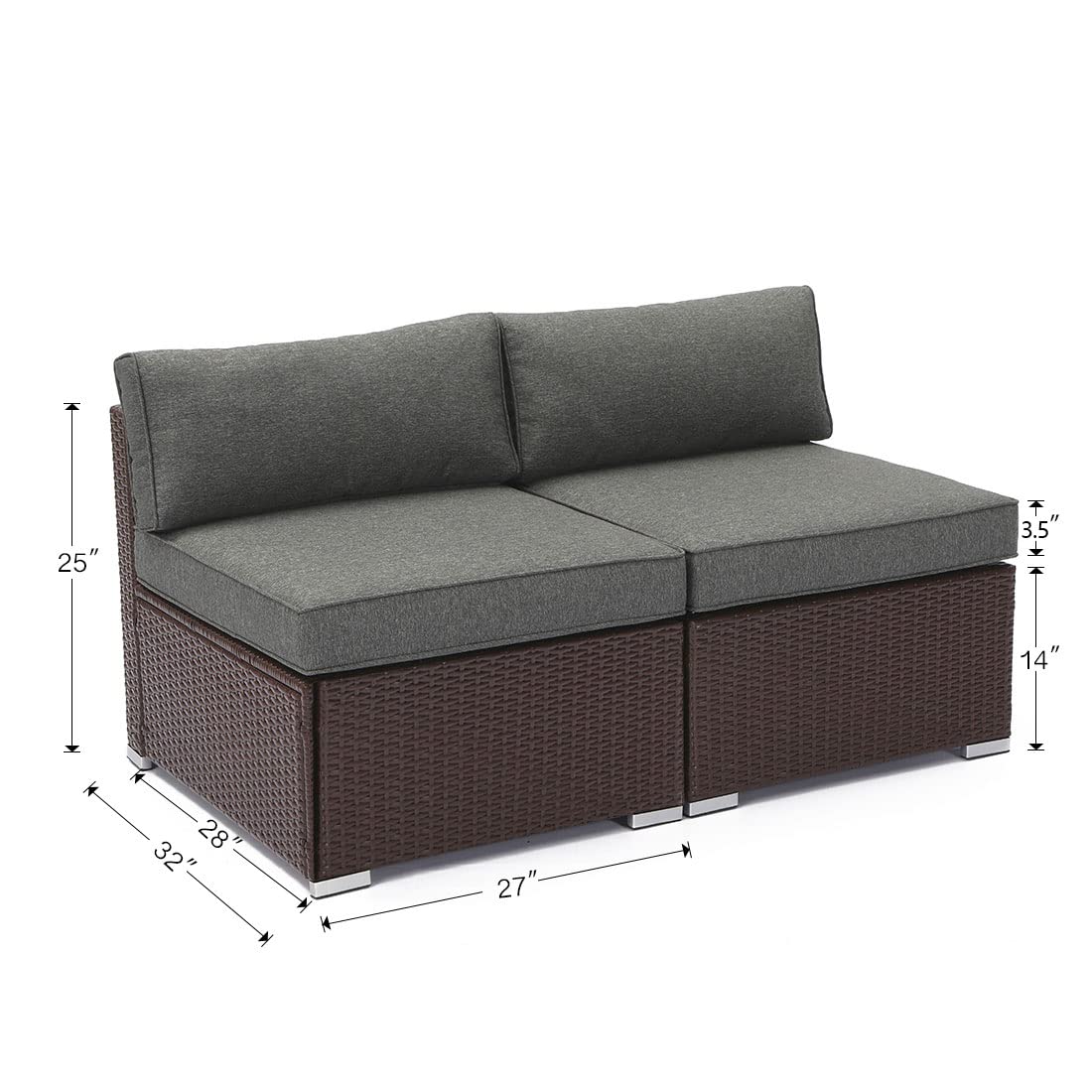 2-Piece Armless Wicker Chairs Add-on for Chocolate Brown Sectional Sofa Set with Dark Grey Thick Cushions - Outdoor Patio Furniture for Garden, Poolside, Backyard & Deck Relaxation