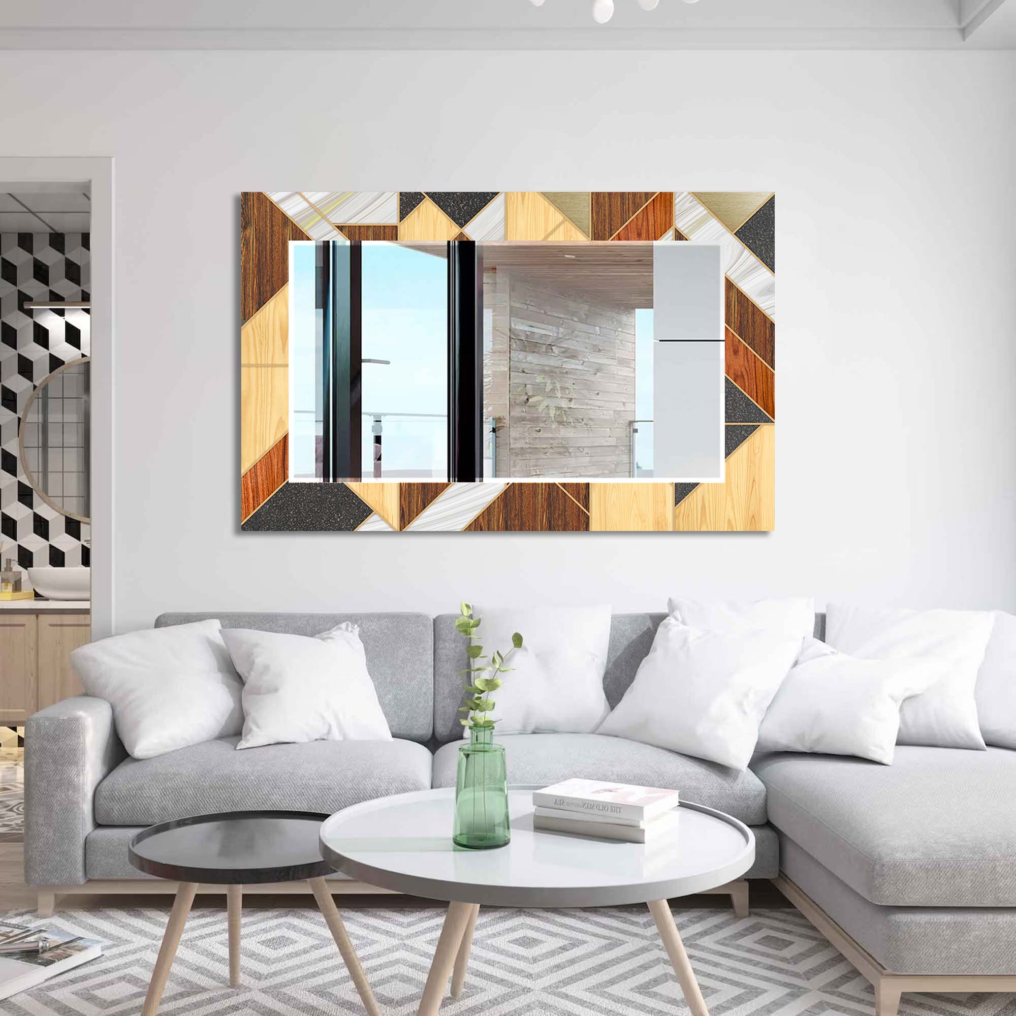 Stylish Wooden Framed Tempered Glass Wall Mirror - Elegant Home Decor for Bedroom, Bathroom & Living Room - Shatterproof & Durable Design for Daily Use