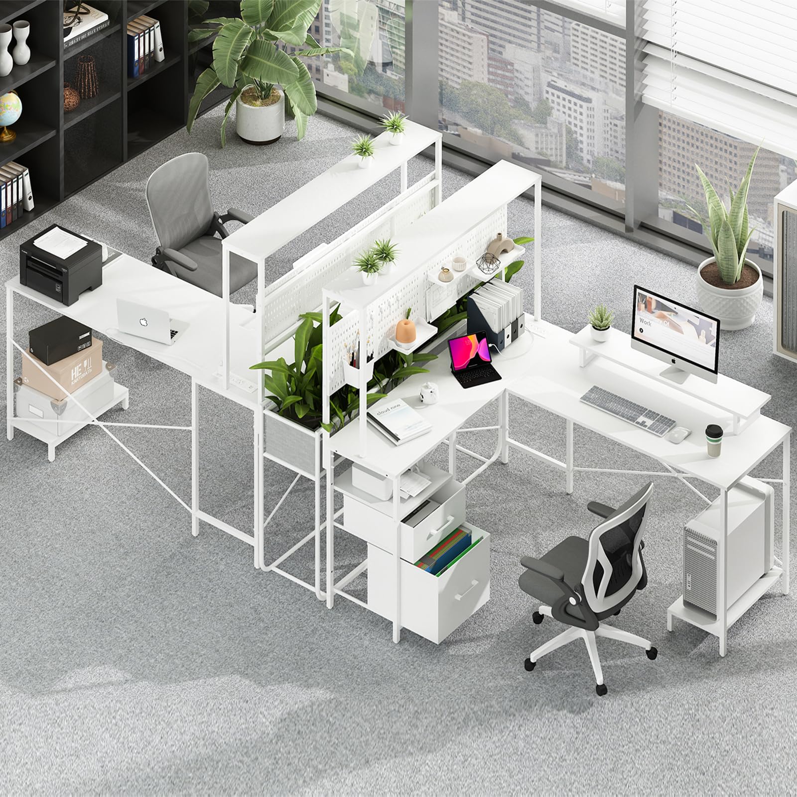 Yoobure L-Shaped Gaming Desk with LED Lights, Power Outlets & Pegboard - Reversible Corner Computer Desk with Drawers, Storage Shelves & Monitor Stand - Perfect for Home Office, Gaming Setup & Workspace Organization
