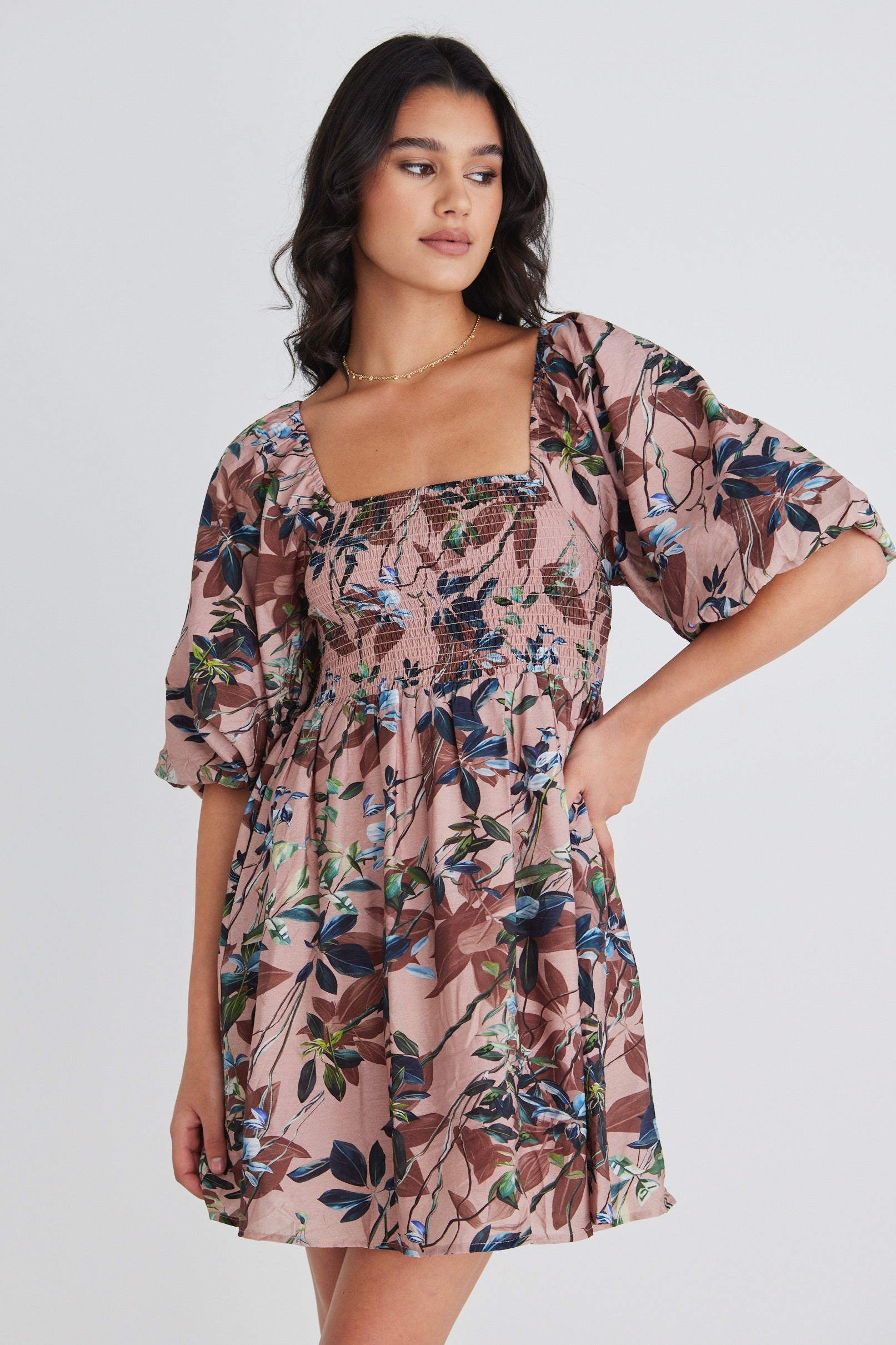 Bea Blush Paradise Long Sleeve Rouched Empire Waist Mini Dress - Elegant Party & Evening Wear for Women