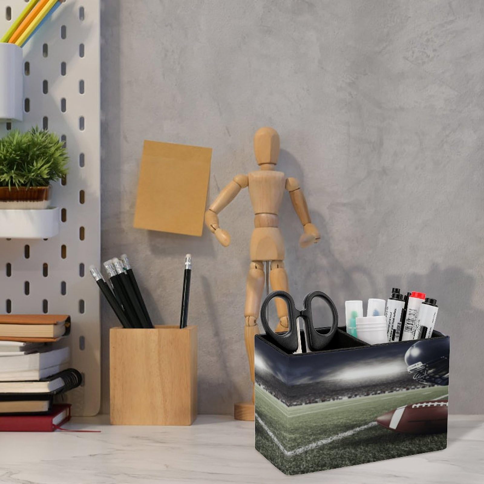 YJWANDO Leather Pen Holder - American Football Print Office Desk Organizer - Premium Leather Desk Accessory & Pen Cup for Home Office, School, or Gift (Brown)