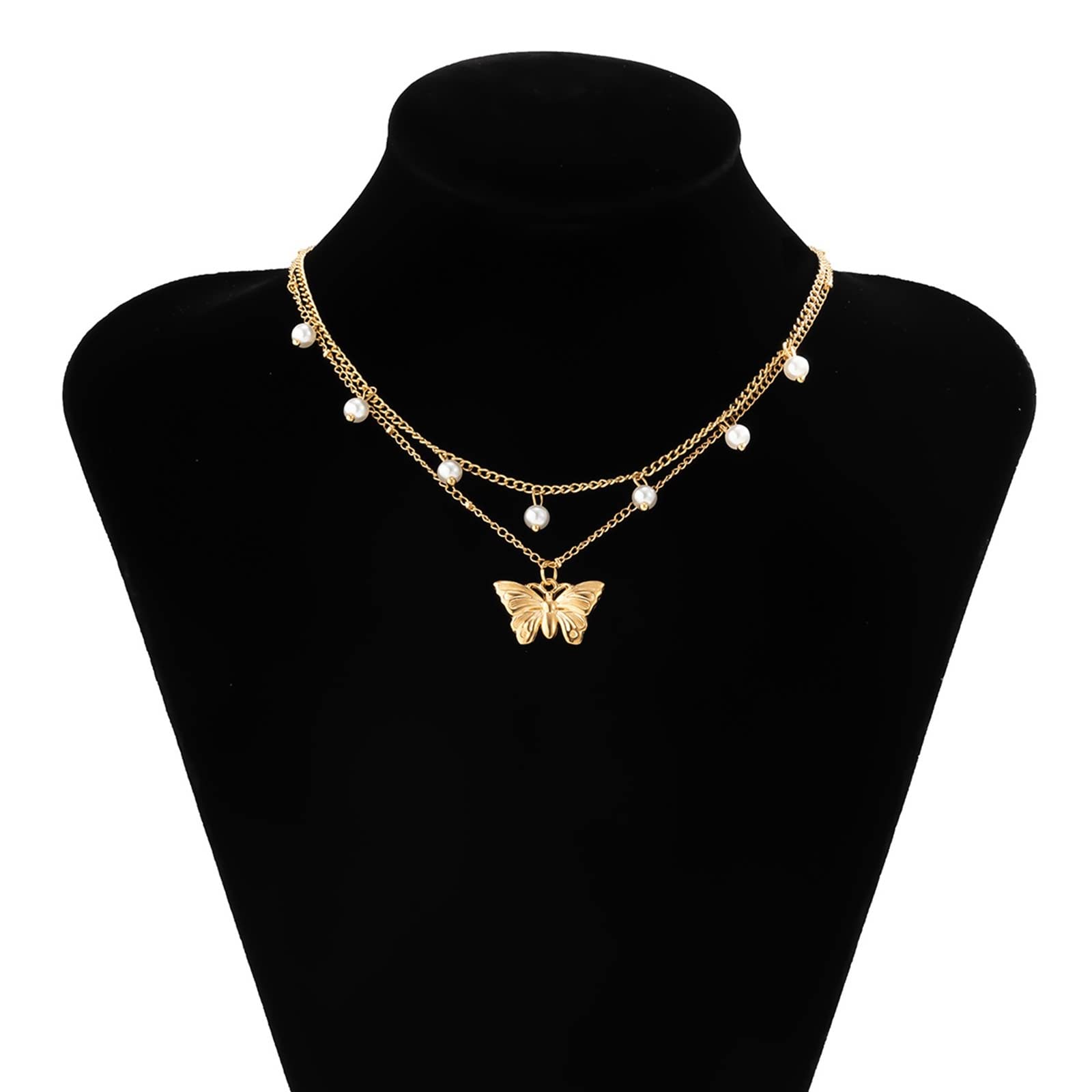 KnBoB 2 Layer Gold Plated Cuban Chain Necklace for Women - Adjustable Vintage Layered Necklace with Butterfly Pendant | Perfect for Casual Wear, Date Nights & Gift Giving