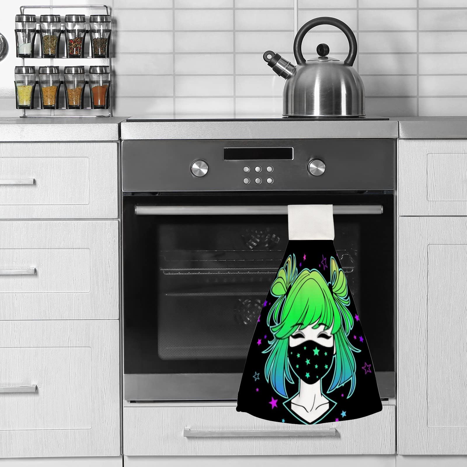 Cute Cartoon Green Hair Girl Kitchen Hanging Hand Towels - Super Absorbent, Soft Bathroom Towel with Loop for Easy Hanging - Machine Washable (1 Pack) - Perfect for Kitchen, Bathroom, and Home Decor