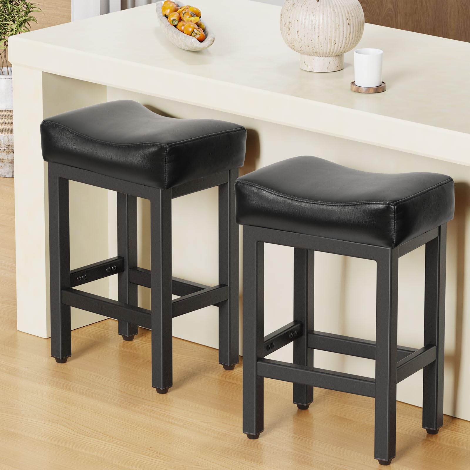 24 Inch Counter Height Bar Stools Set of 2 - Heavy Duty Metal Base Kitchen Island Stools with Thick Bonded Leather Saddle Seats, Easy Assembly, All Black - Perfect for Kitchen Islands, Breakfast Bars & Home Bars