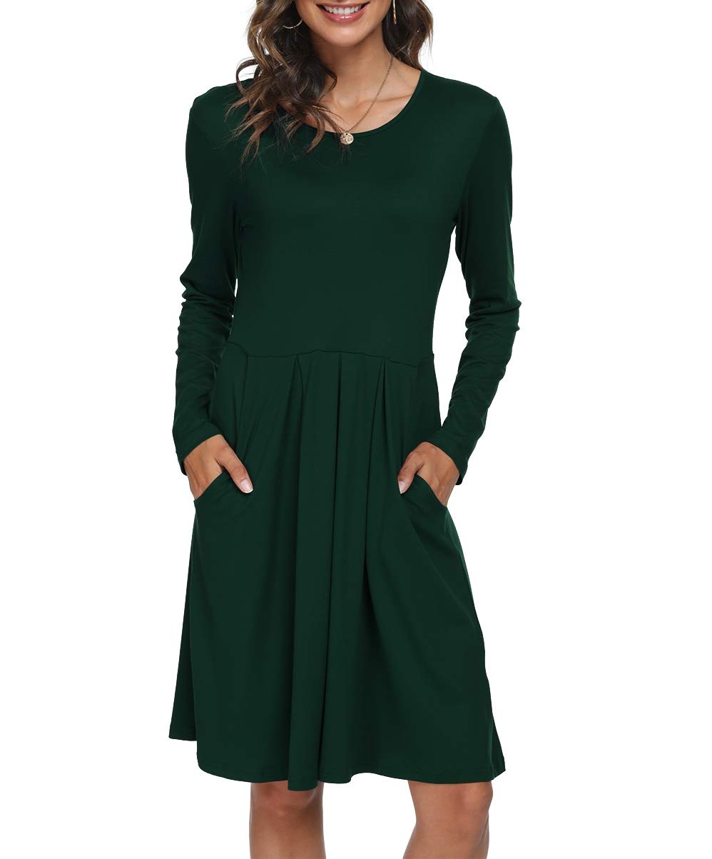 DouBCQ Women's Casual Long Sleeve Flowy Pleated Fall Dresses with Pockets - Elegant Office Wear & Autumn Date Outfit