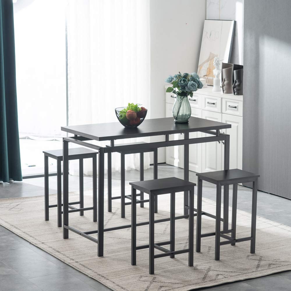 Modern 5-Piece Dining Set, Contemporary Wood Table with Four Stools, Home Kitchen Breakfast Furniture, Black, Great for Family Meals and Entertaining