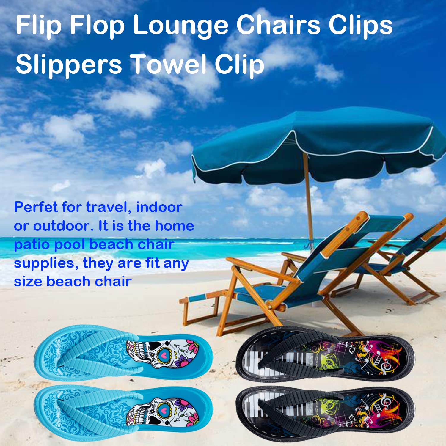 4 Pack Beach Towel Clips - Non-Slip Flip Flop & Lounge Chair Clips, Oversized Cute Clothespins for Pool, Patio & Vacation - Perfect Towel Holders for Beach, Swimming & Outdoor Relaxation (Black + Blue)